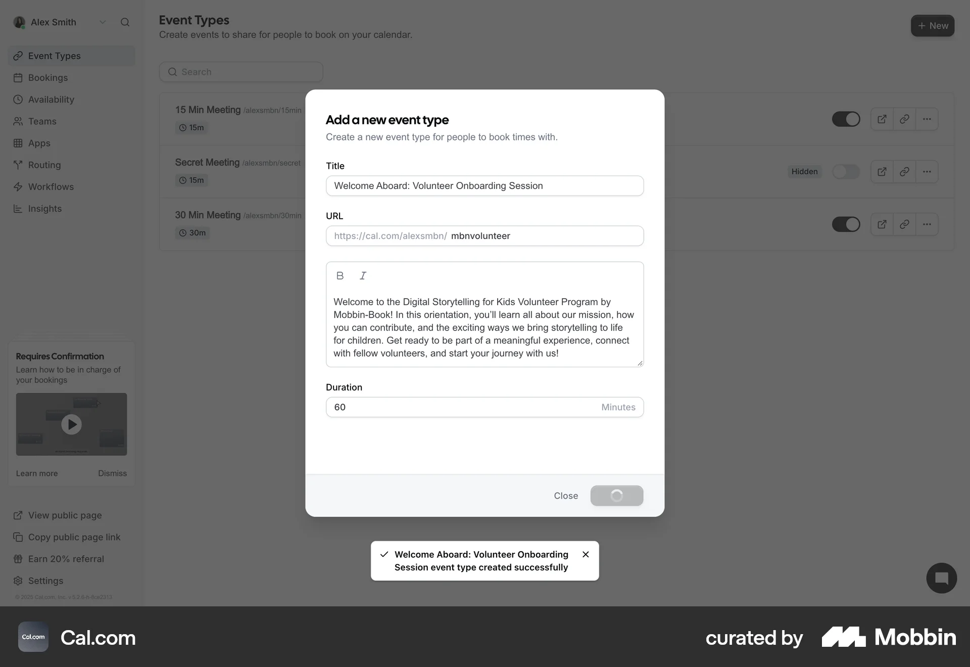 Cal.com Web screen containing Loading Indicator UI element