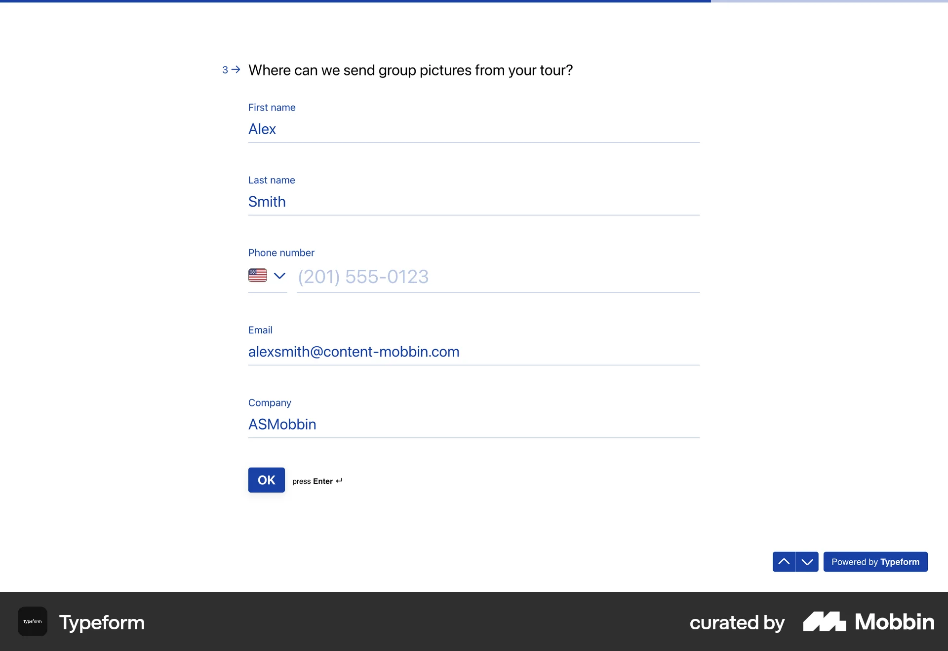Typeform Web Quiz screen