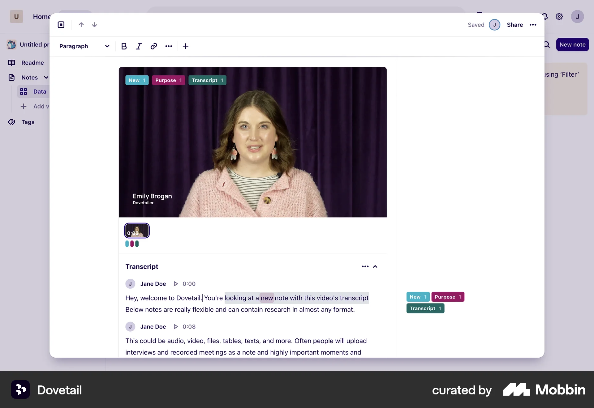 Dovetail Web Video Player screen