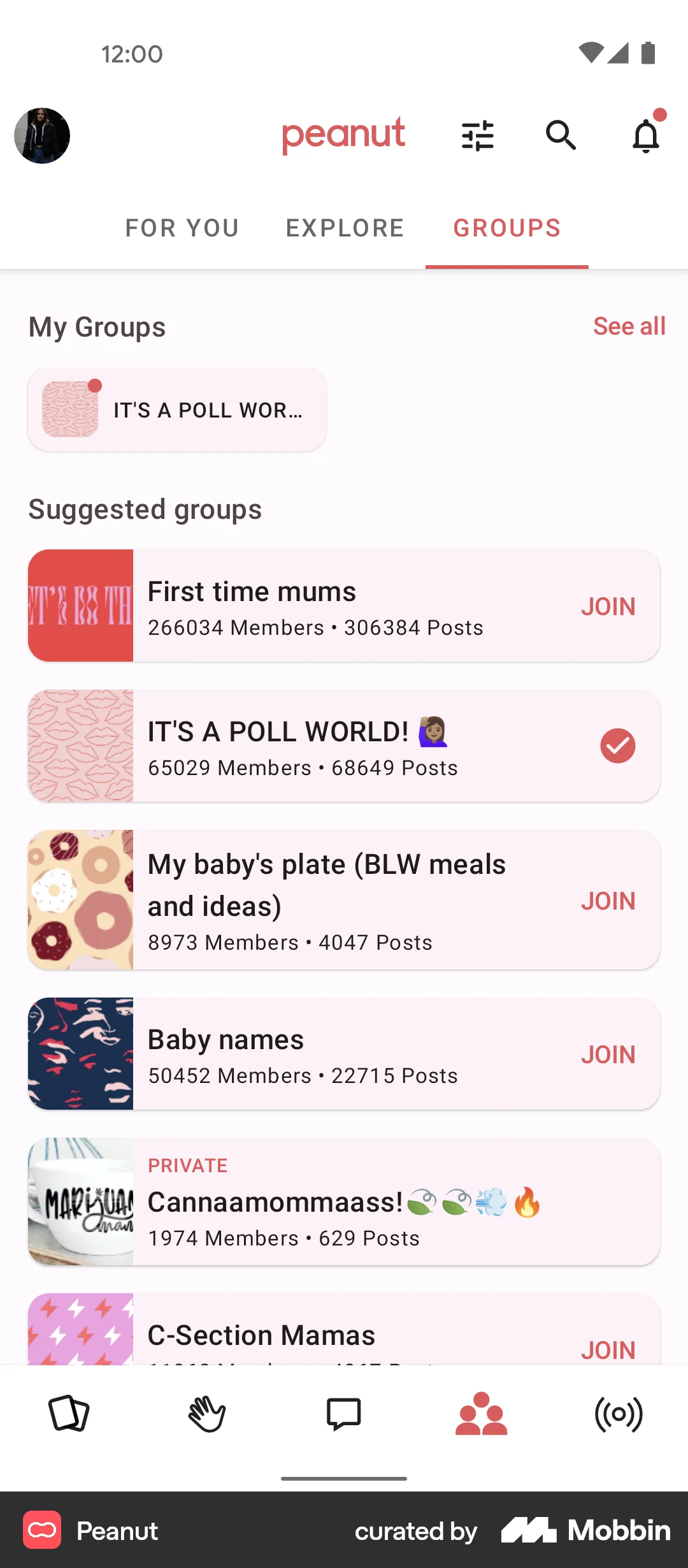 Peanut Android Groups & Community screen