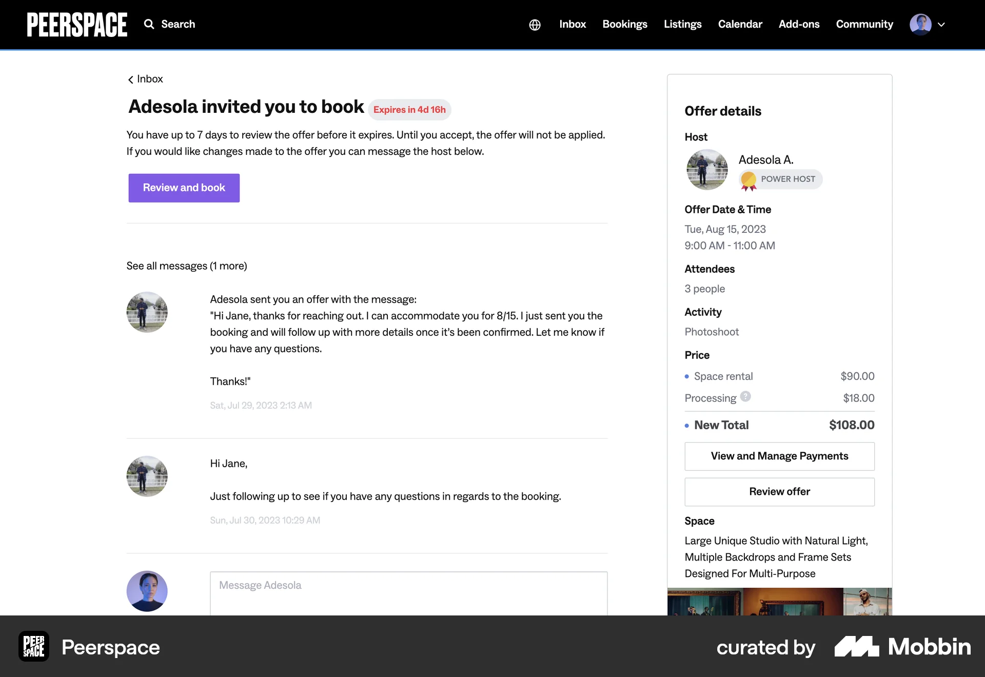 Peerspace Web Emails & Messages screen