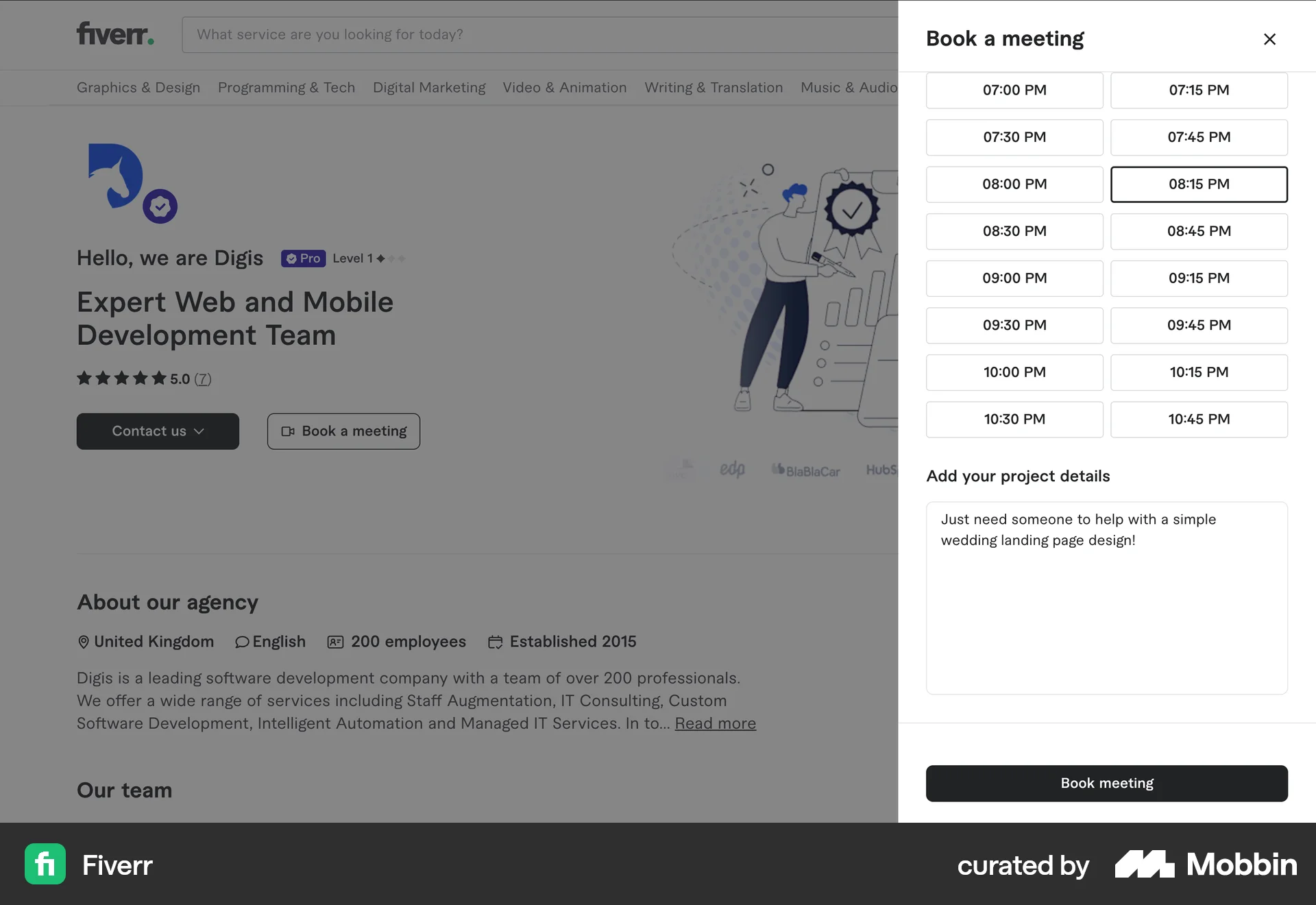 Fiverr Web screen containing Time Picker UI element