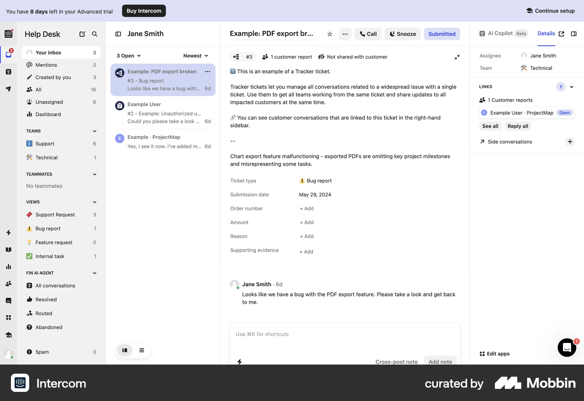Intercom Web CRM App screen