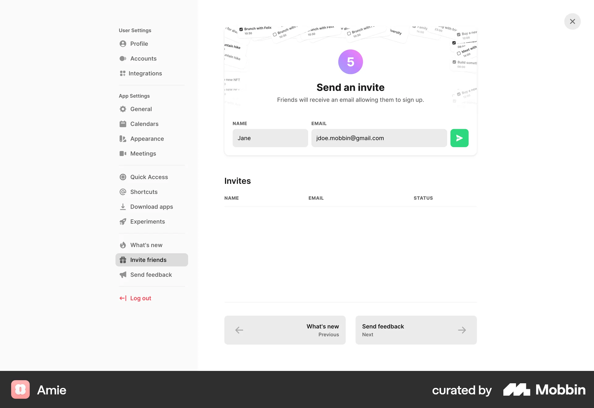 Amie Web Invite & Refer Friends screen