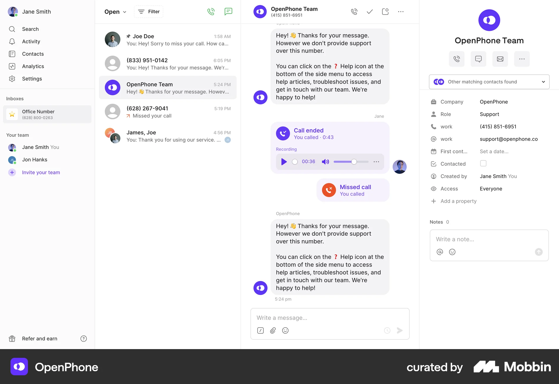 OpenPhone Web Emails & Messages screen