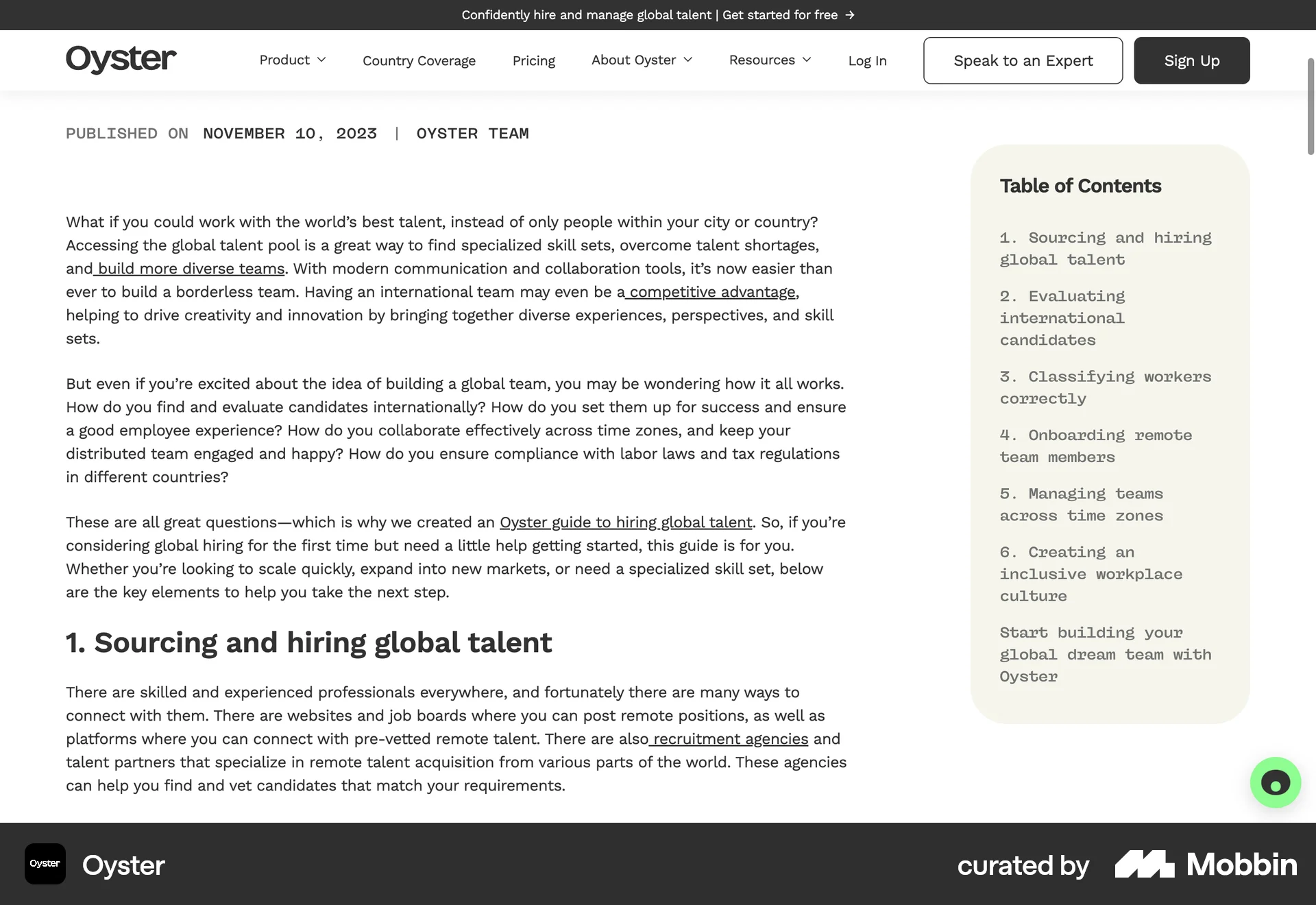 Oyster Web Article Detail screen