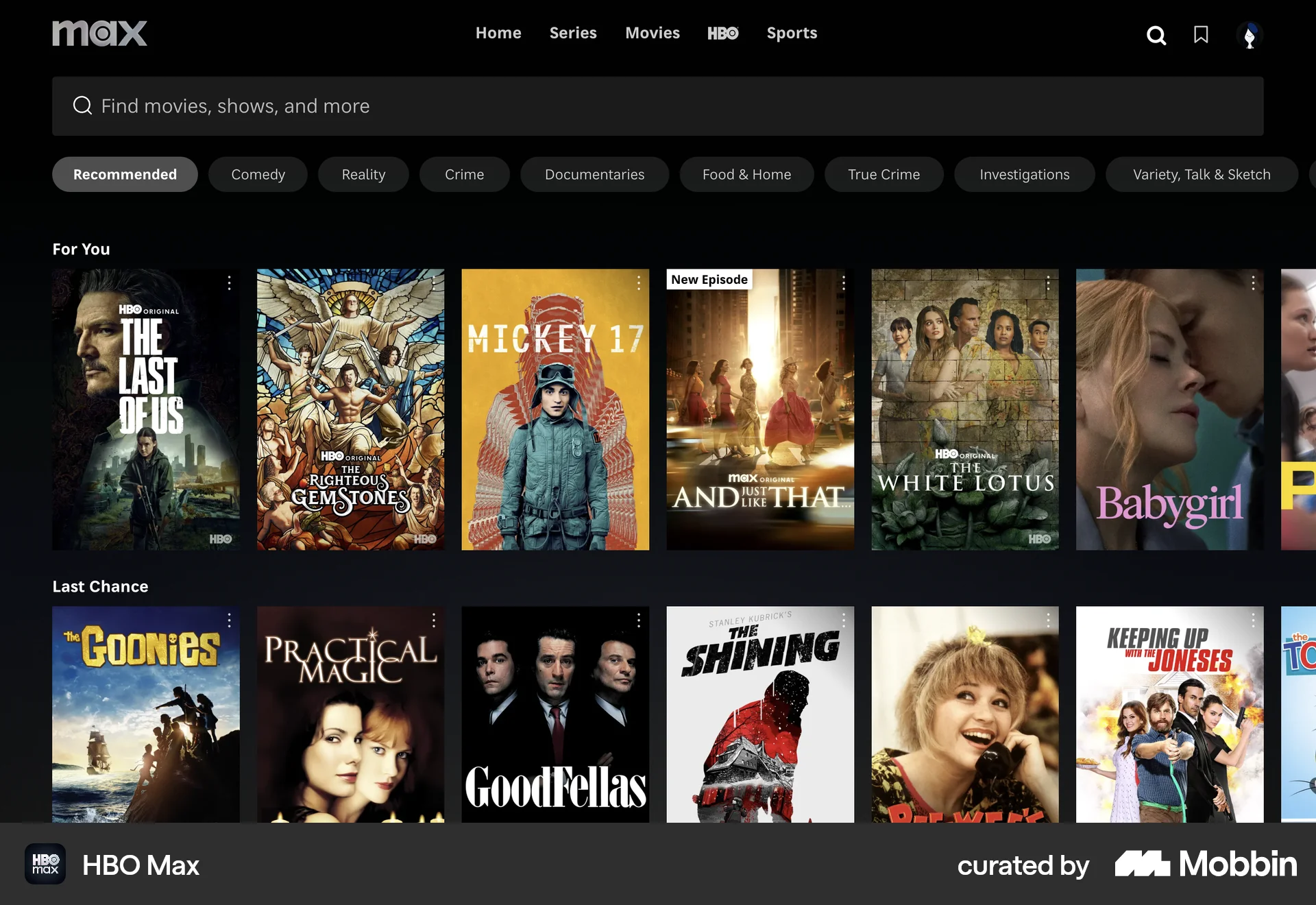 HBO Max Web Entertainment App screen
