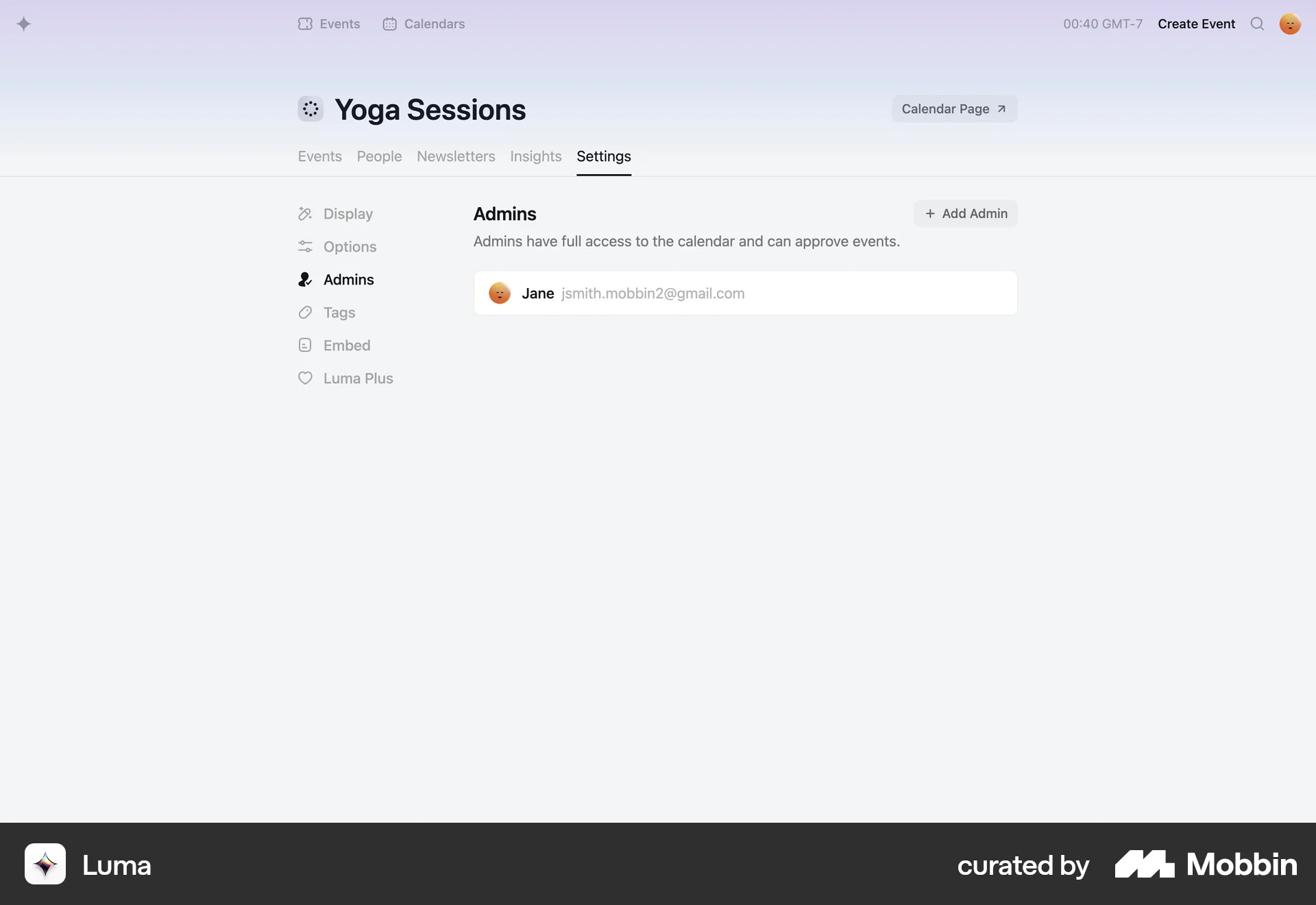 Luma Web Admin UI screen
