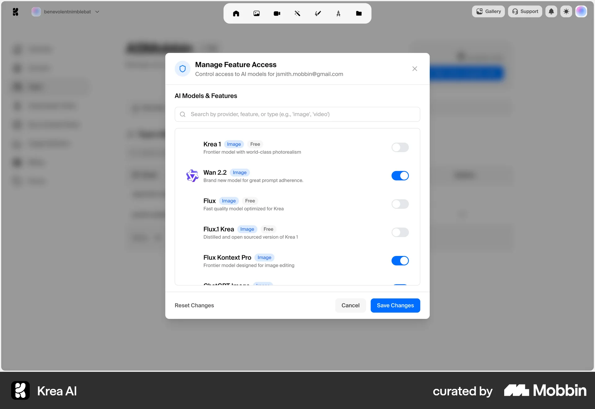 Krea AI Web Settings & Preferences screen