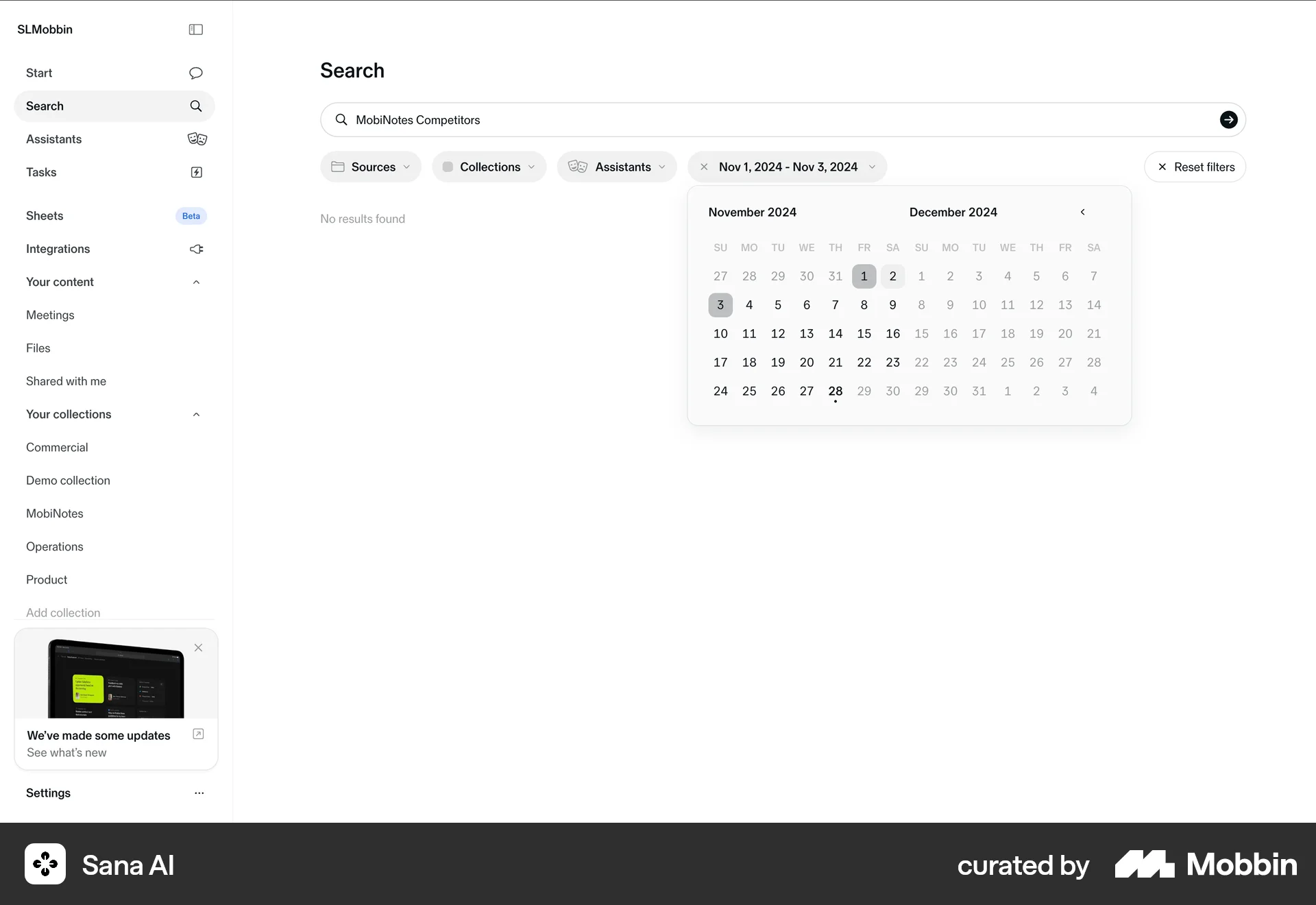 Sana AI Web Calendar screen