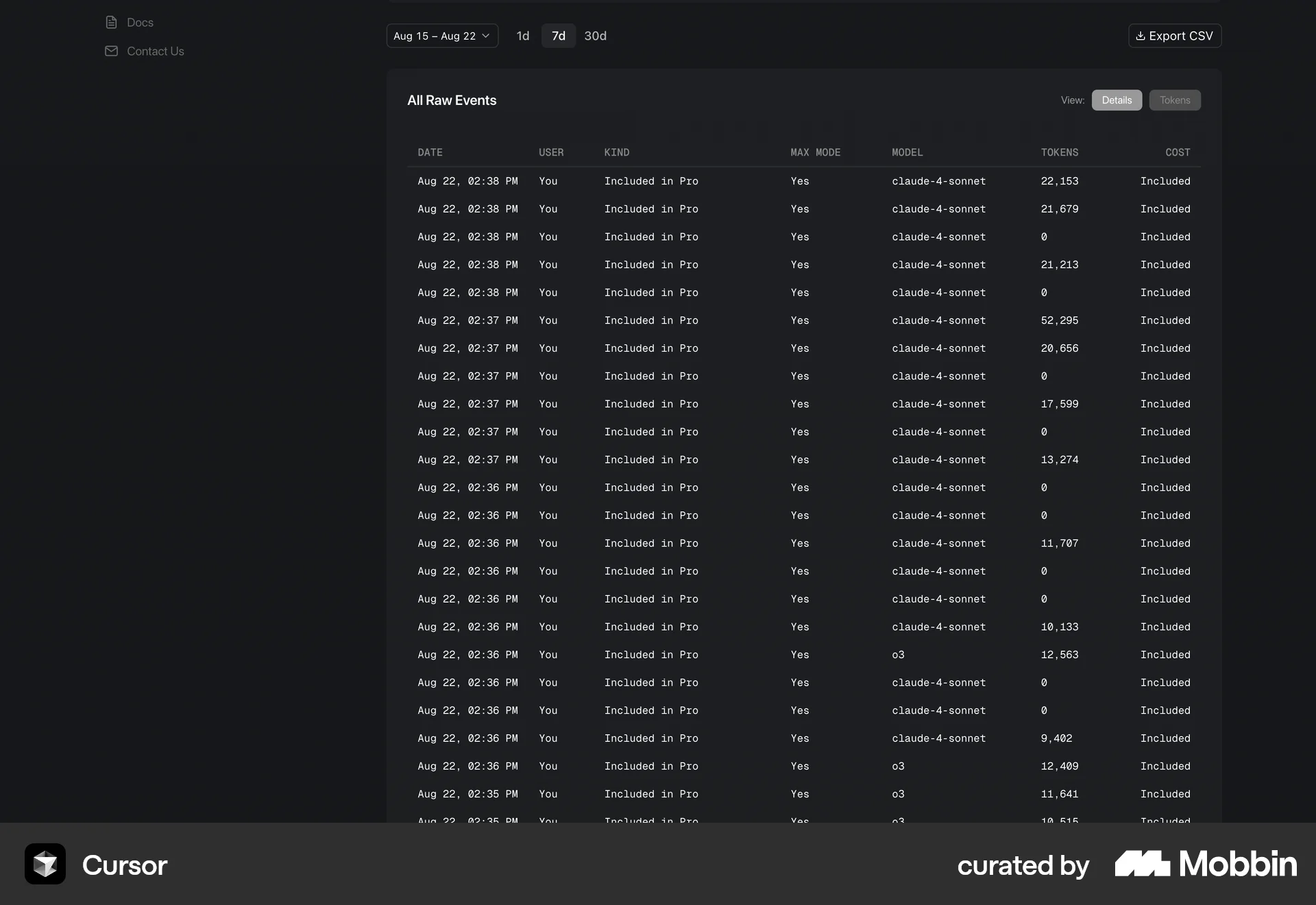 Cursor Web Log Dashboard screen