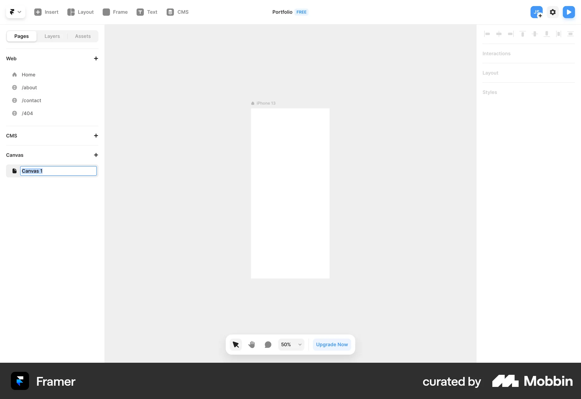 Framer Web Canvas screen