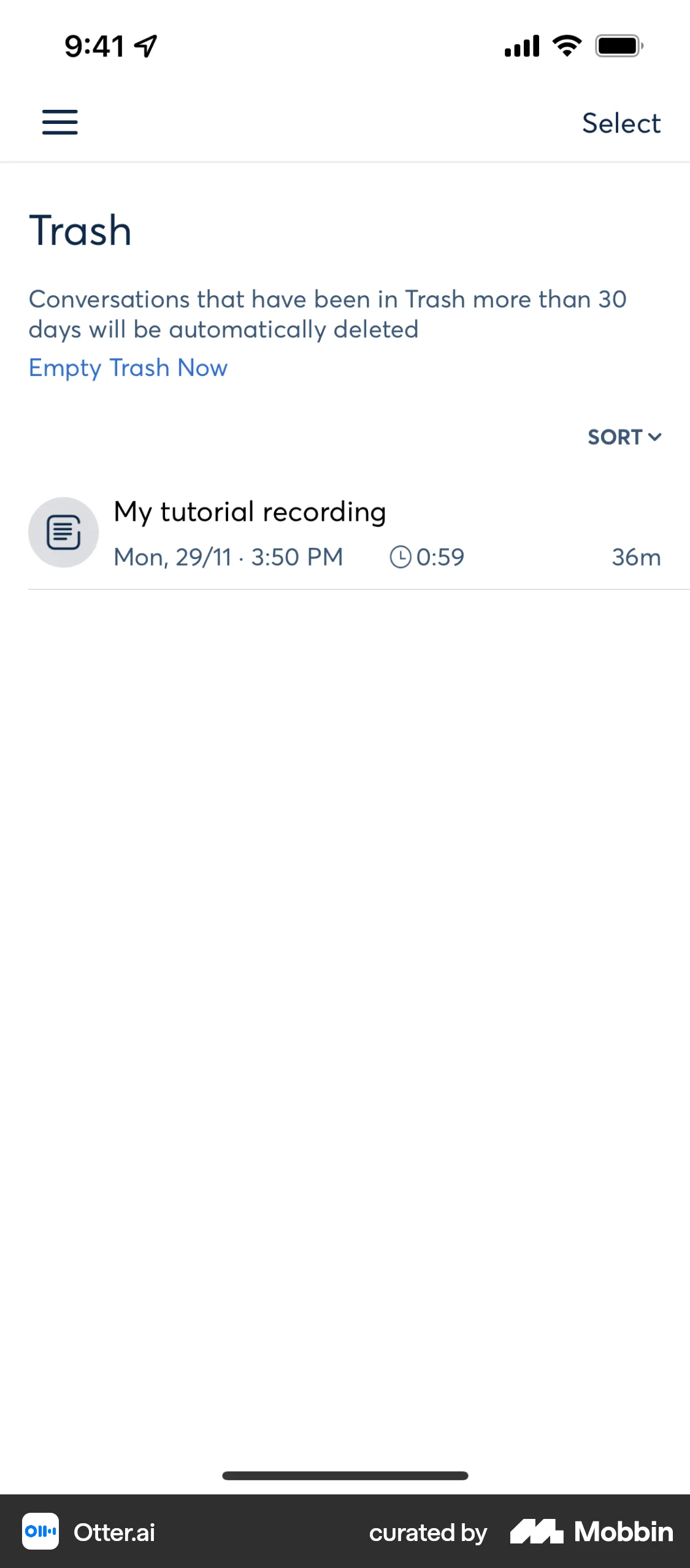 Otter.ai iOS Trash & Archive screen