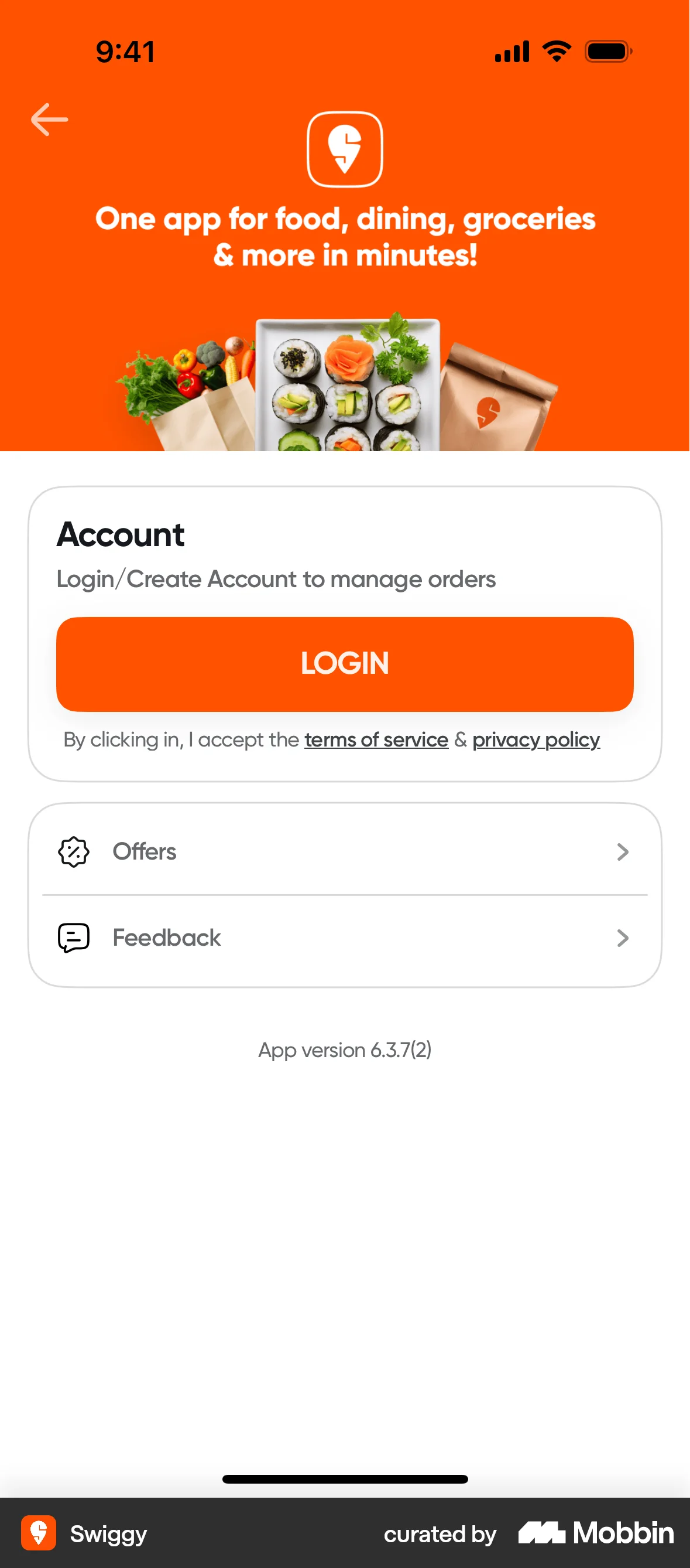 Swiggy iOS Welcome & Get Started screen