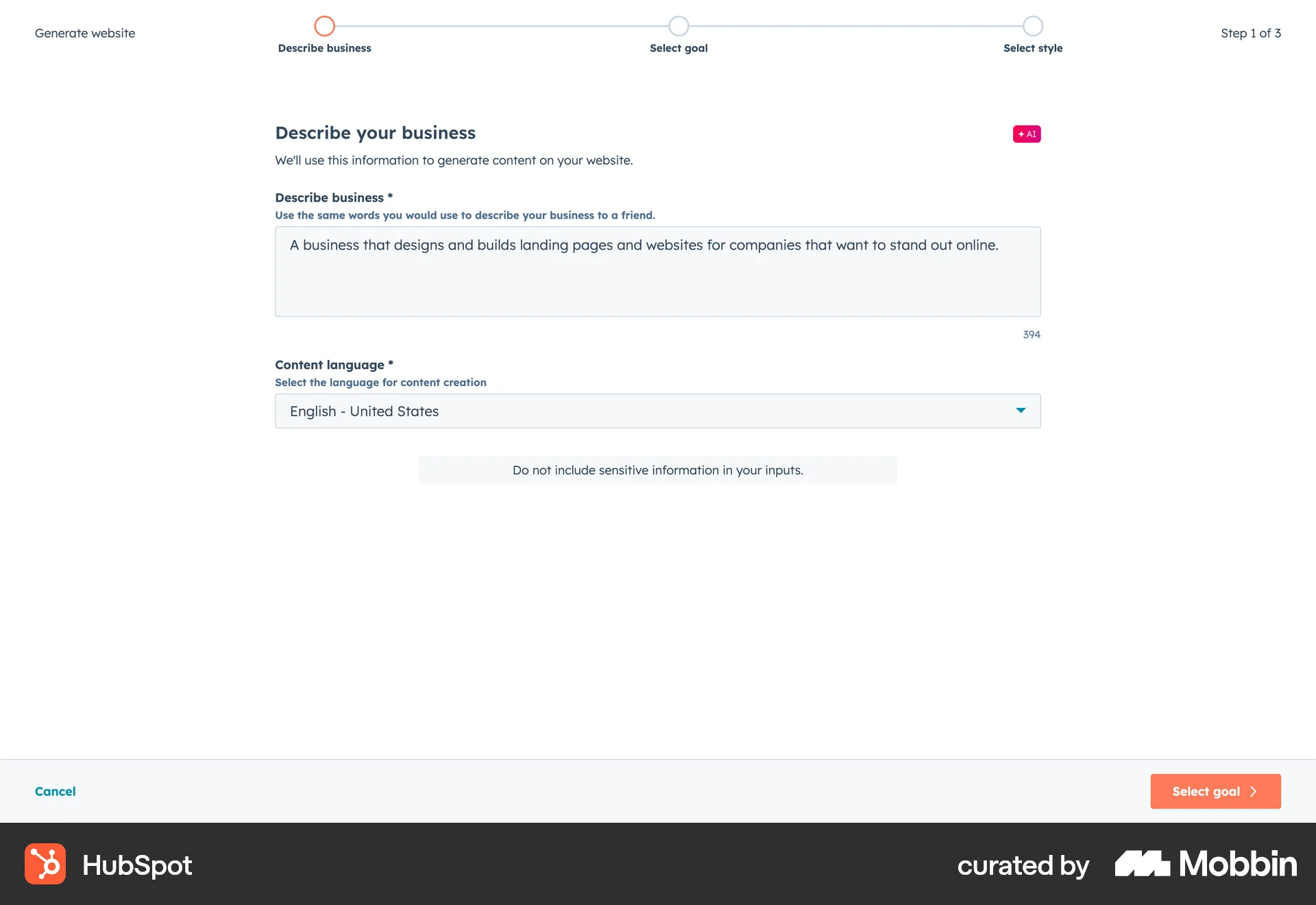 HubSpot Web Wizard UI screen
