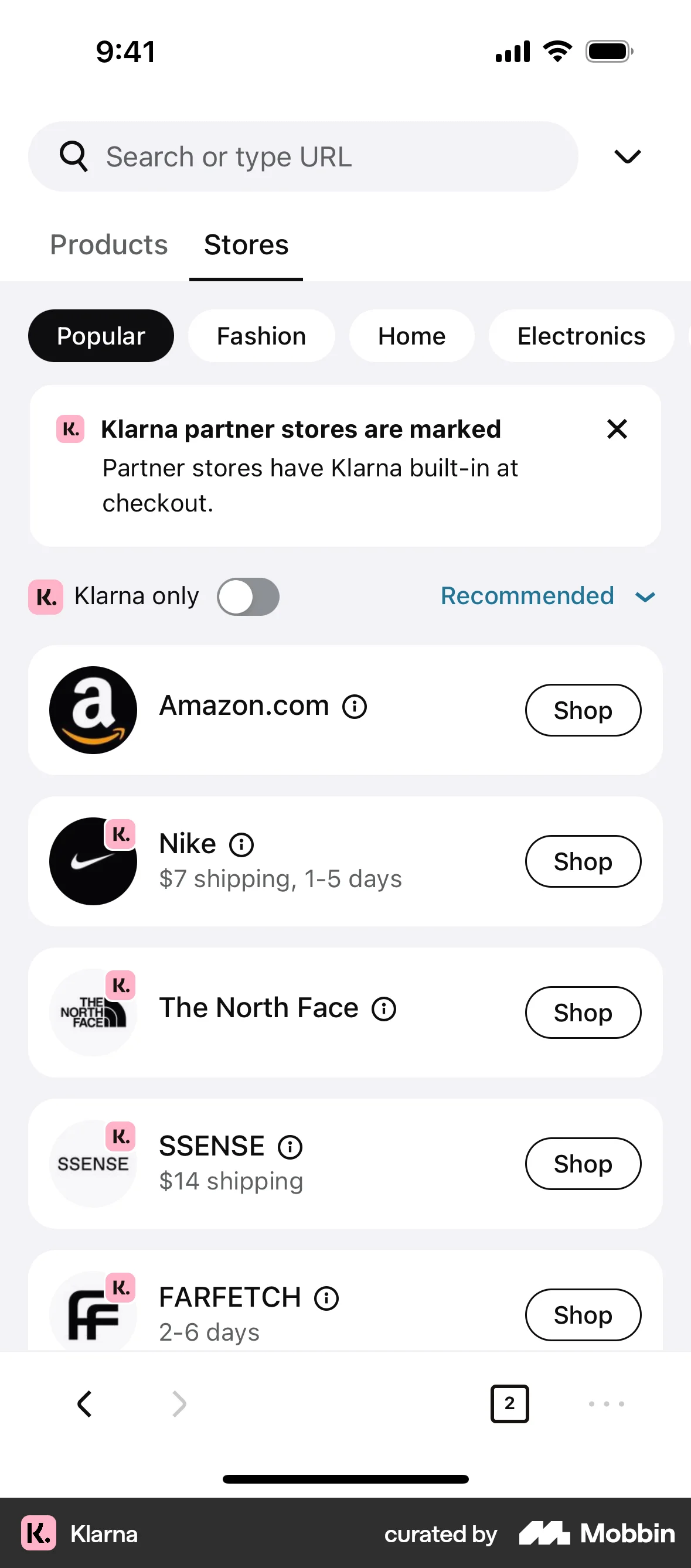 Klarna iOS screen containing Tab UI element