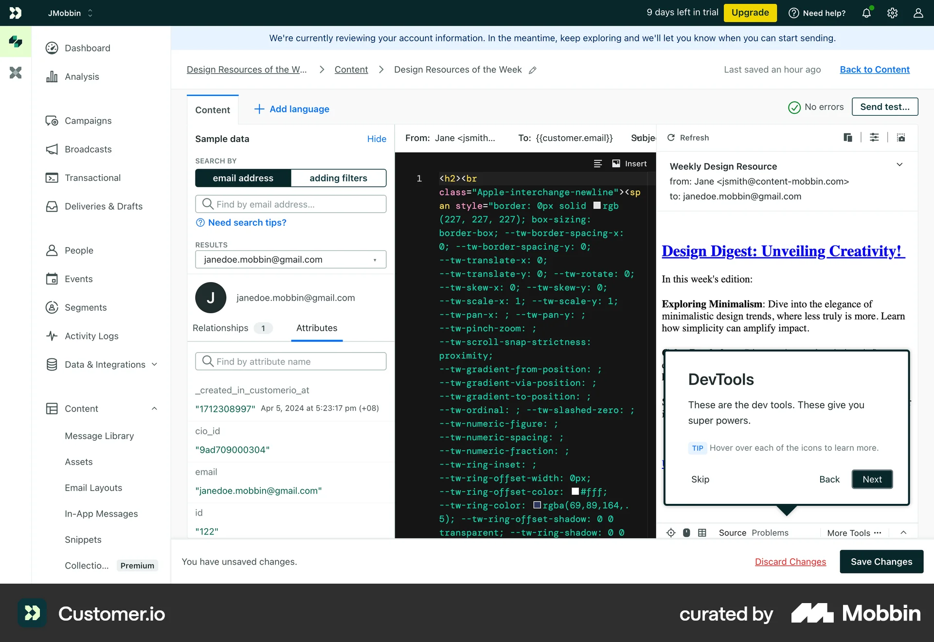 Customer.io Web Guided Tour & Tutorial screen