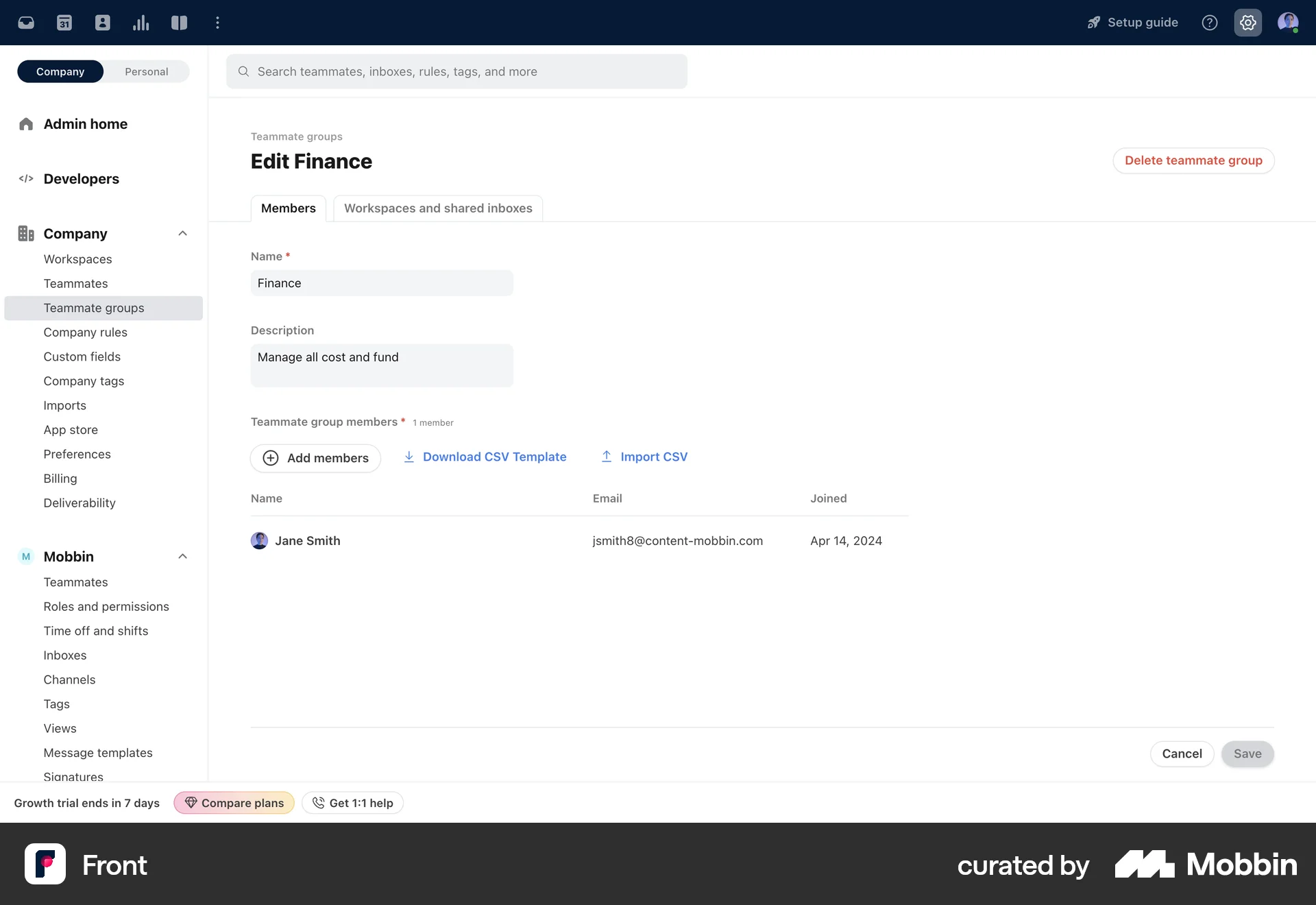 Front Web User / Group Profile screen