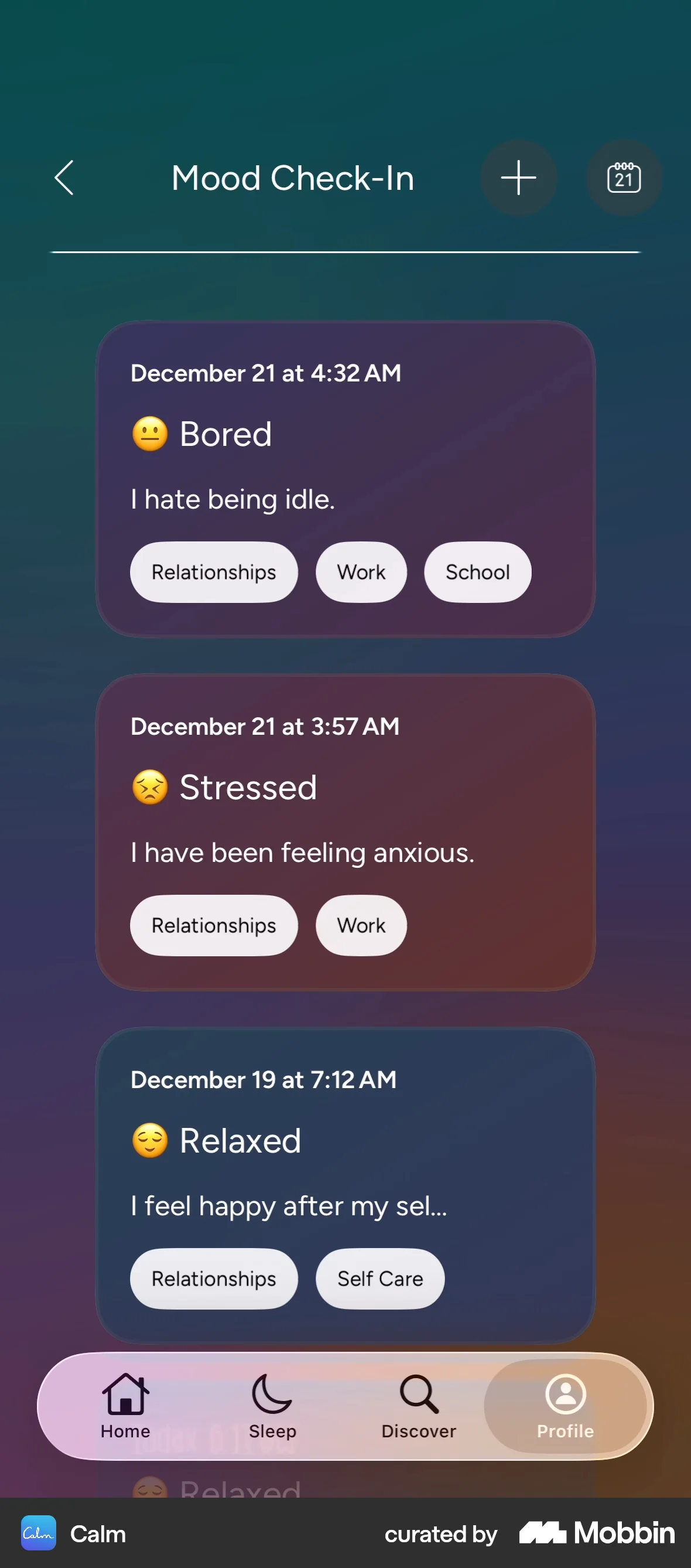 Calm iOS Timeline & History screen