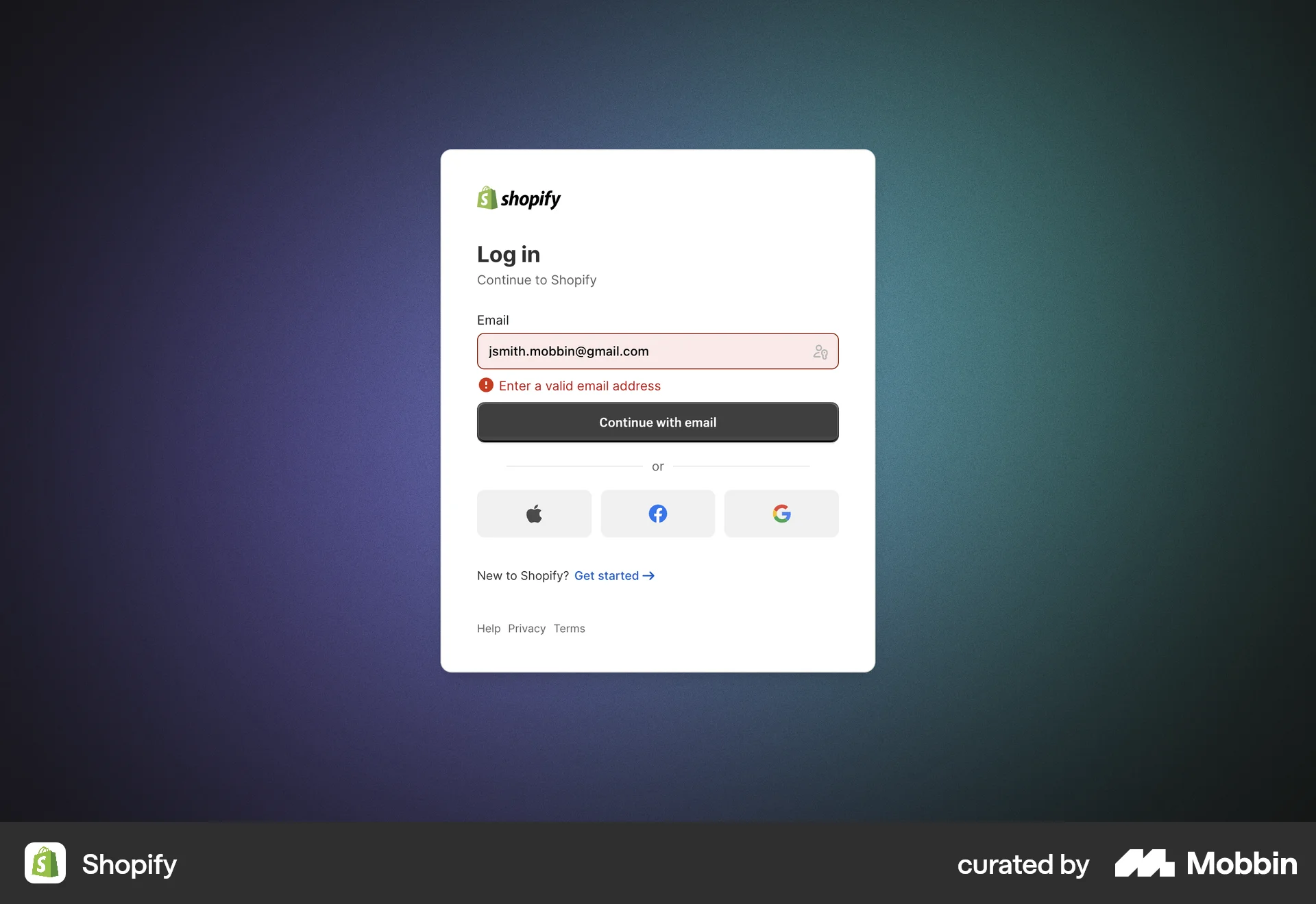 Shopify Web Login screen