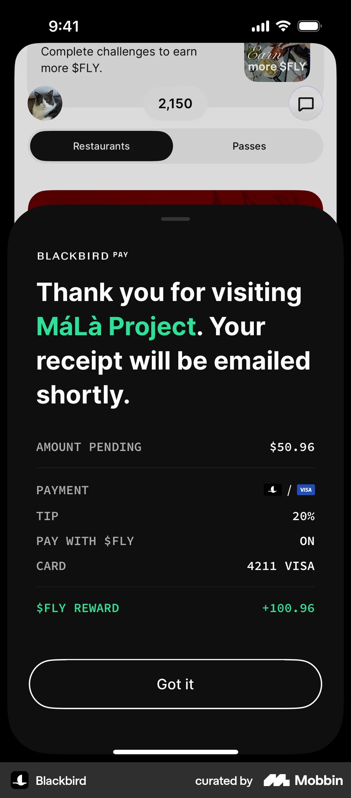 Blackbird iOS Order Confirmation screen