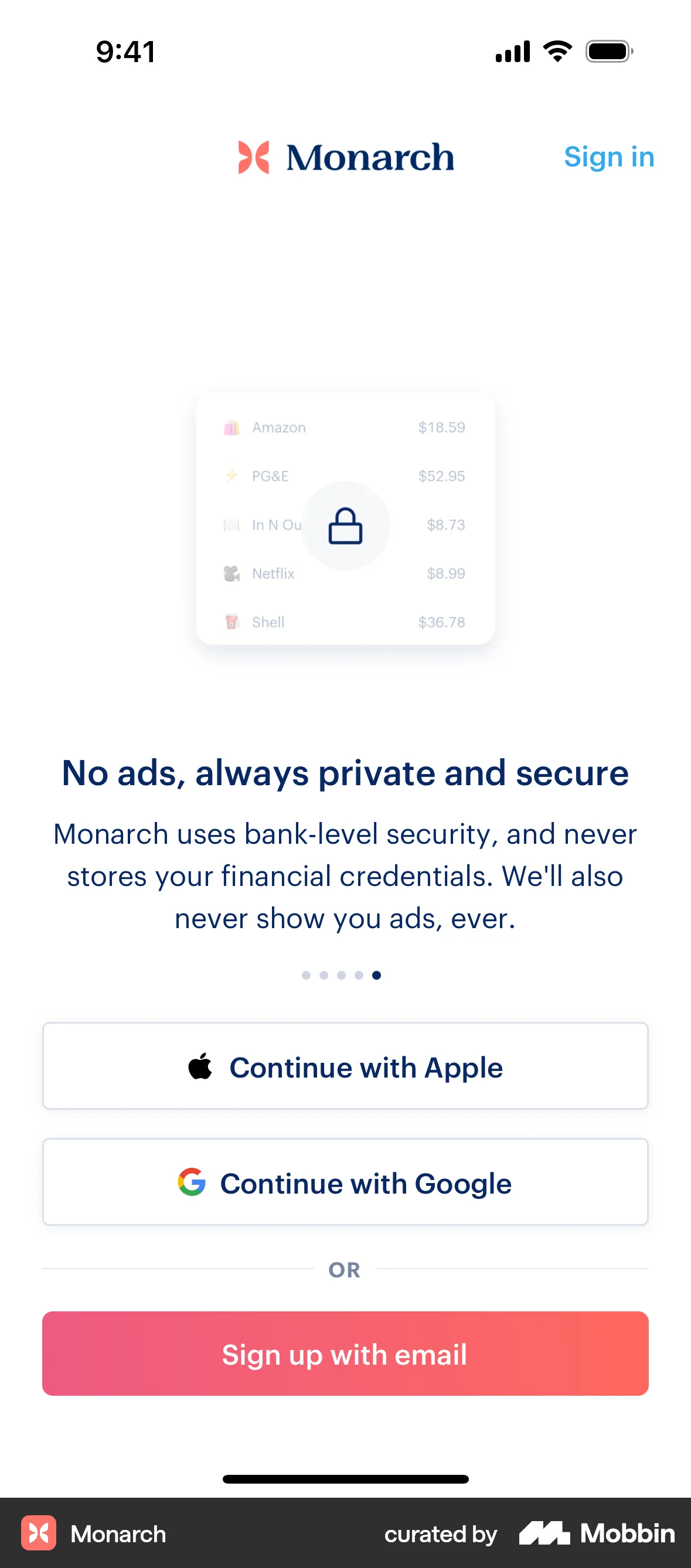 Monarch iOS Welcome & Get Started screen