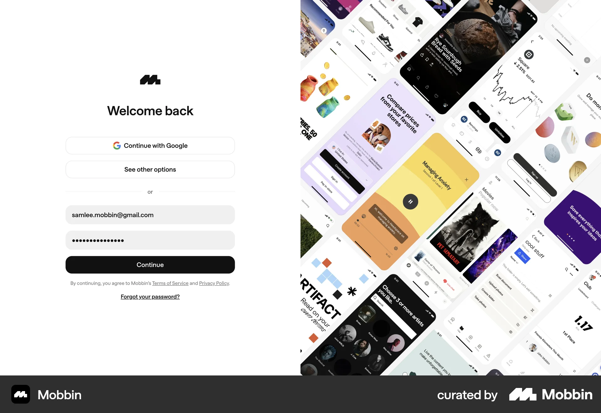 Mobbin Web Login screen