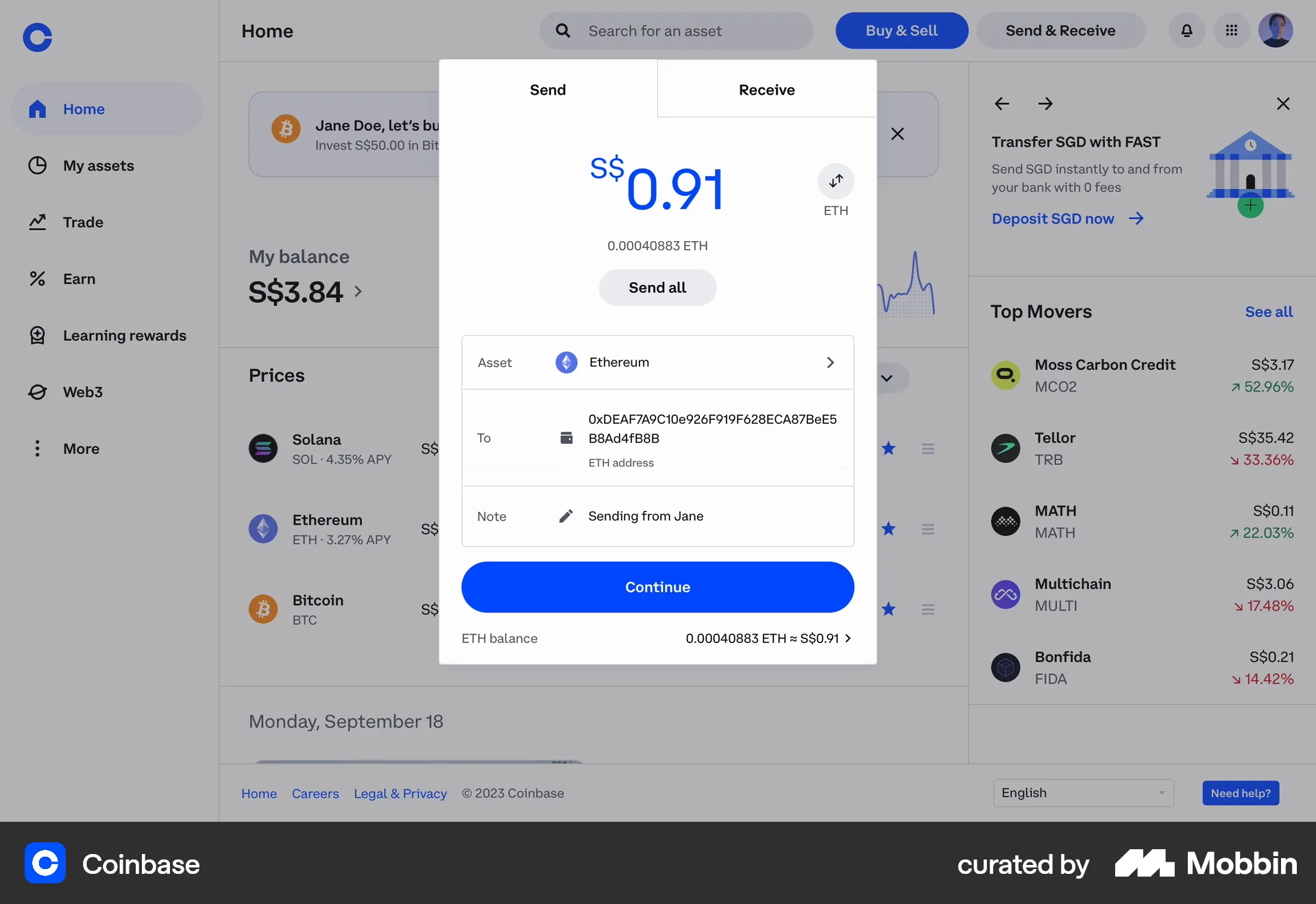 Coinbase Web Transfer & Send Money screen