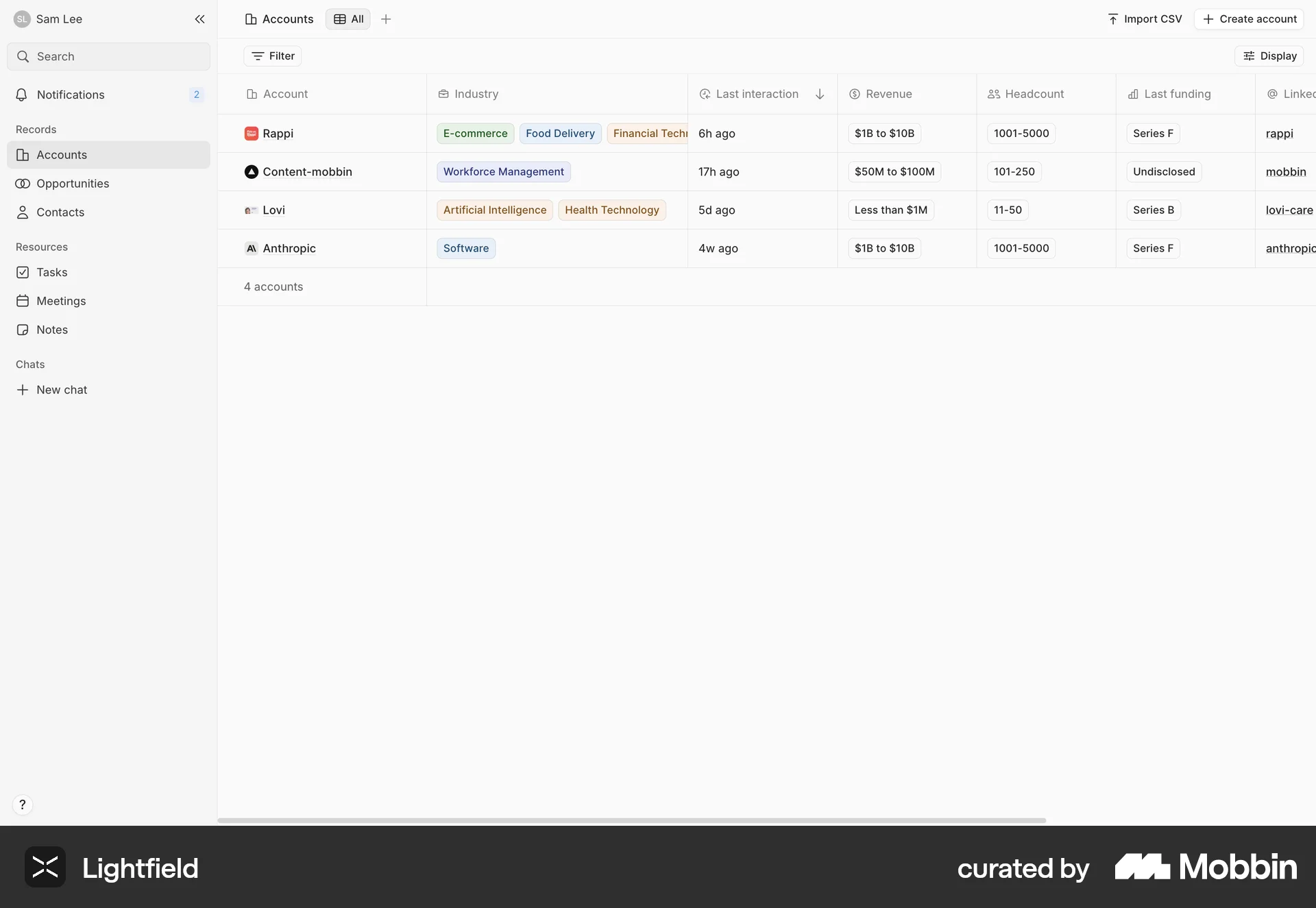 Lightfield Web screen containing Table UI element