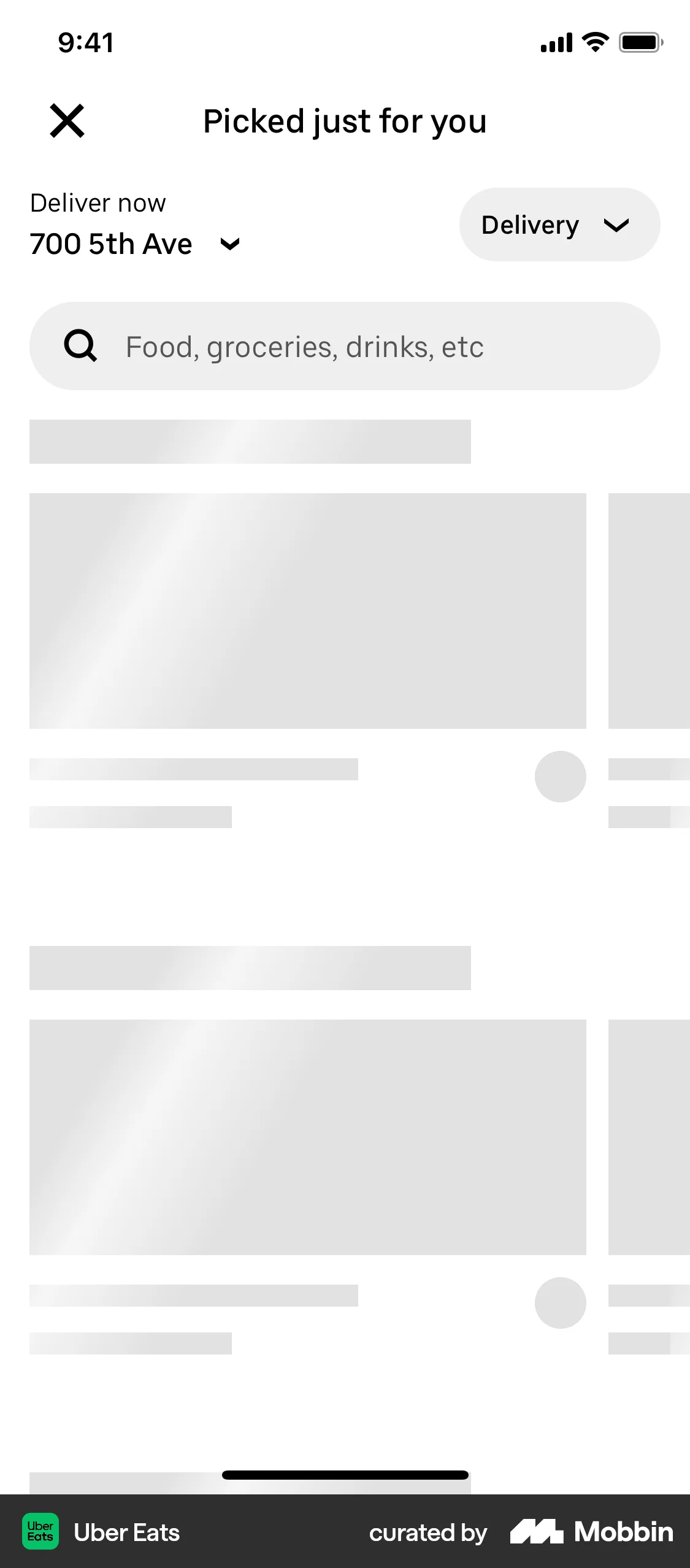 Uber Eats iOS screen containing Skeleton UI element