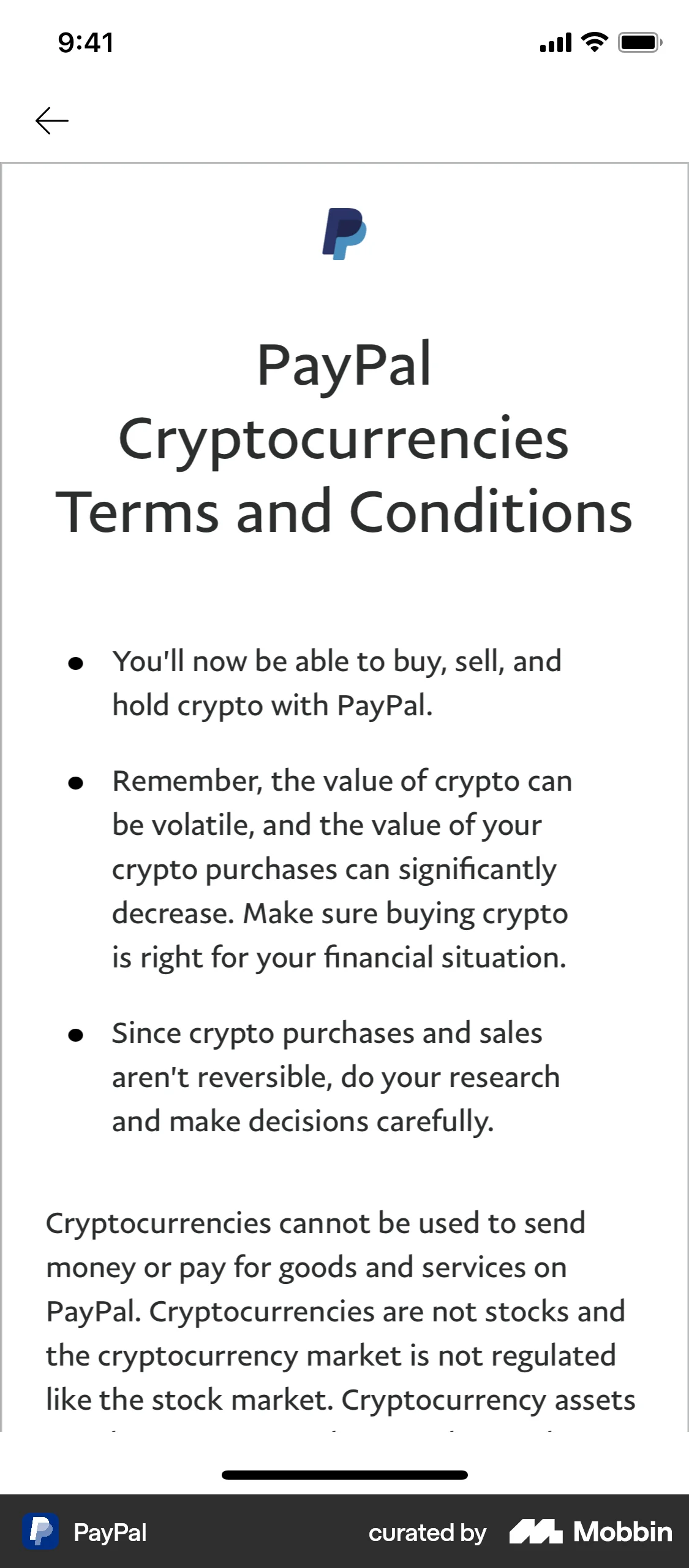 PayPal iOS Terms & Conditions screen
