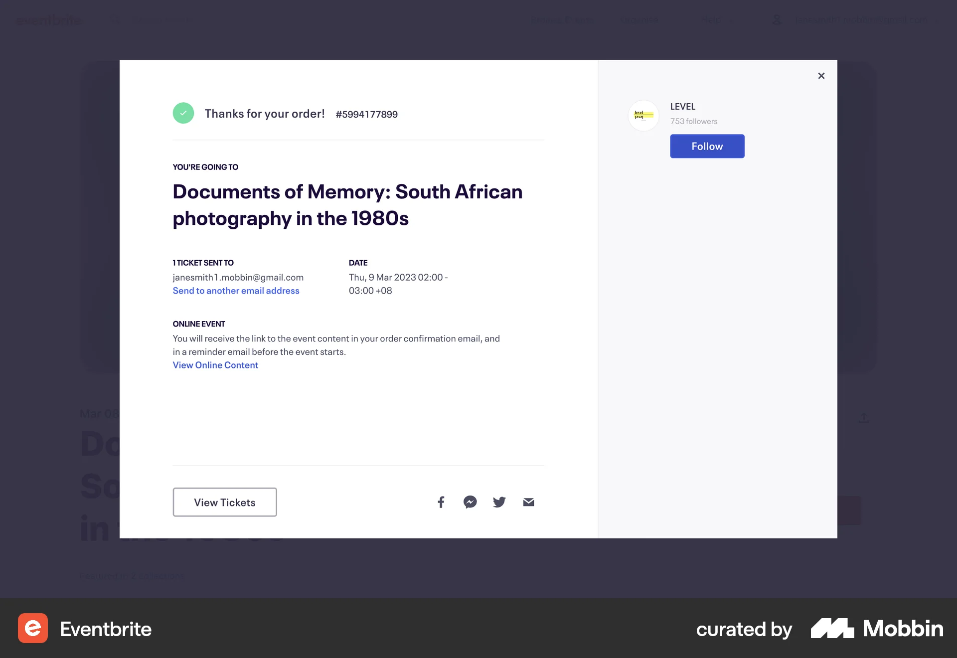 Eventbrite Web Order Confirmation screen