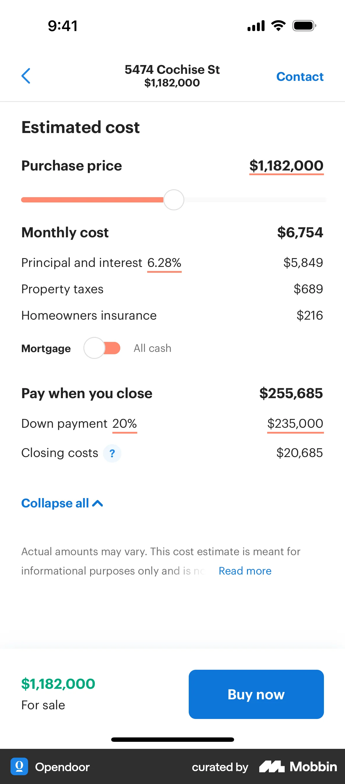 Opendoor iOS screen containing Slider UI element