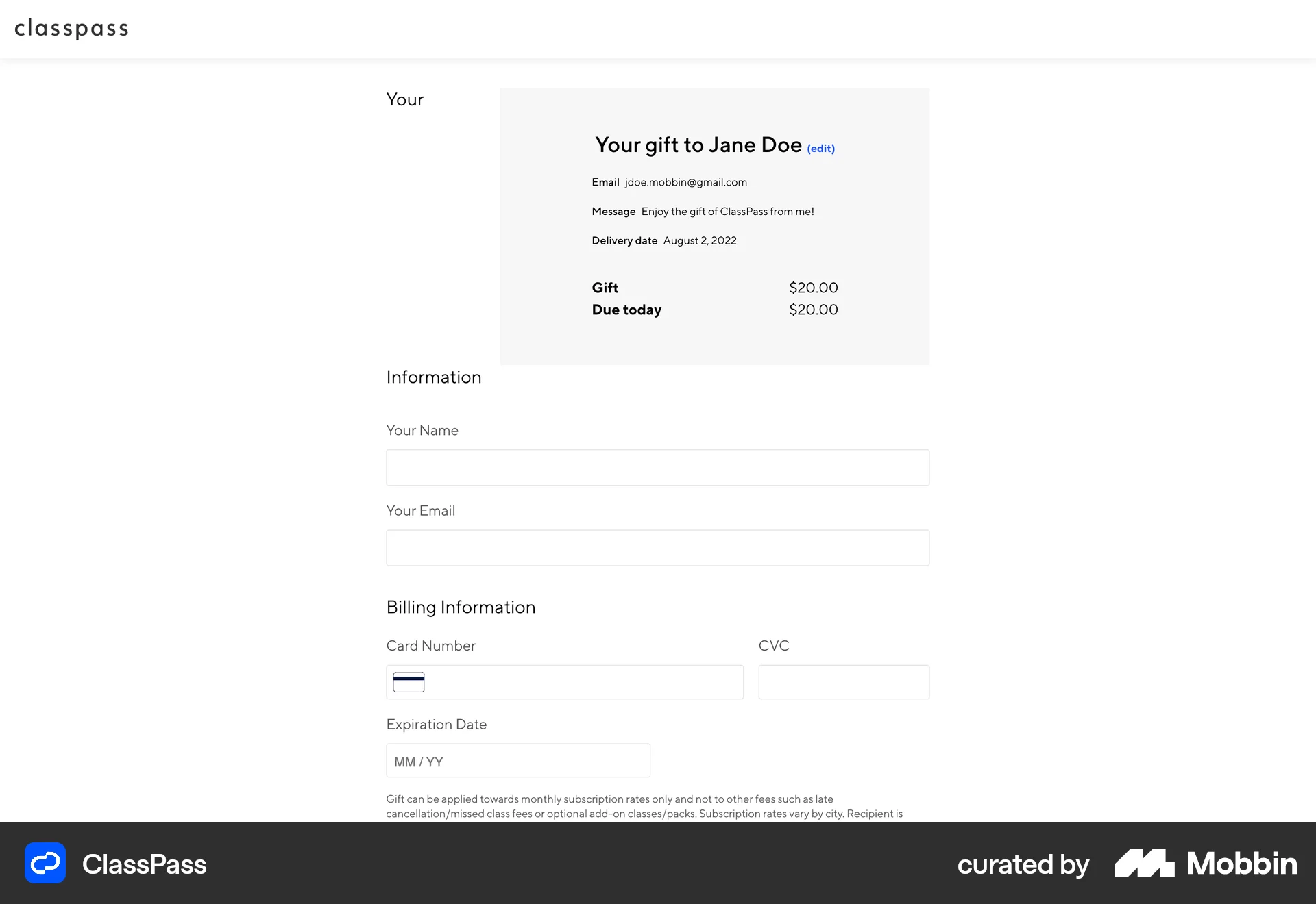 ClassPass Web Checkout screen