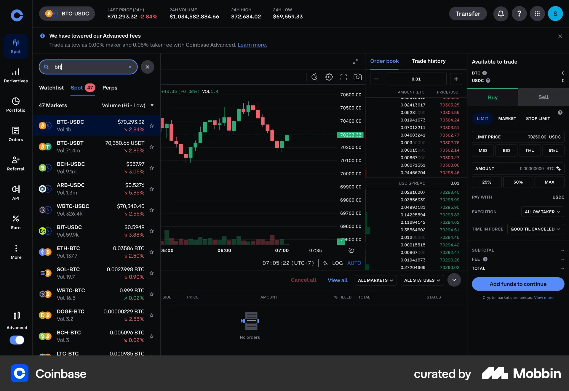 Coinbase Web Search screen