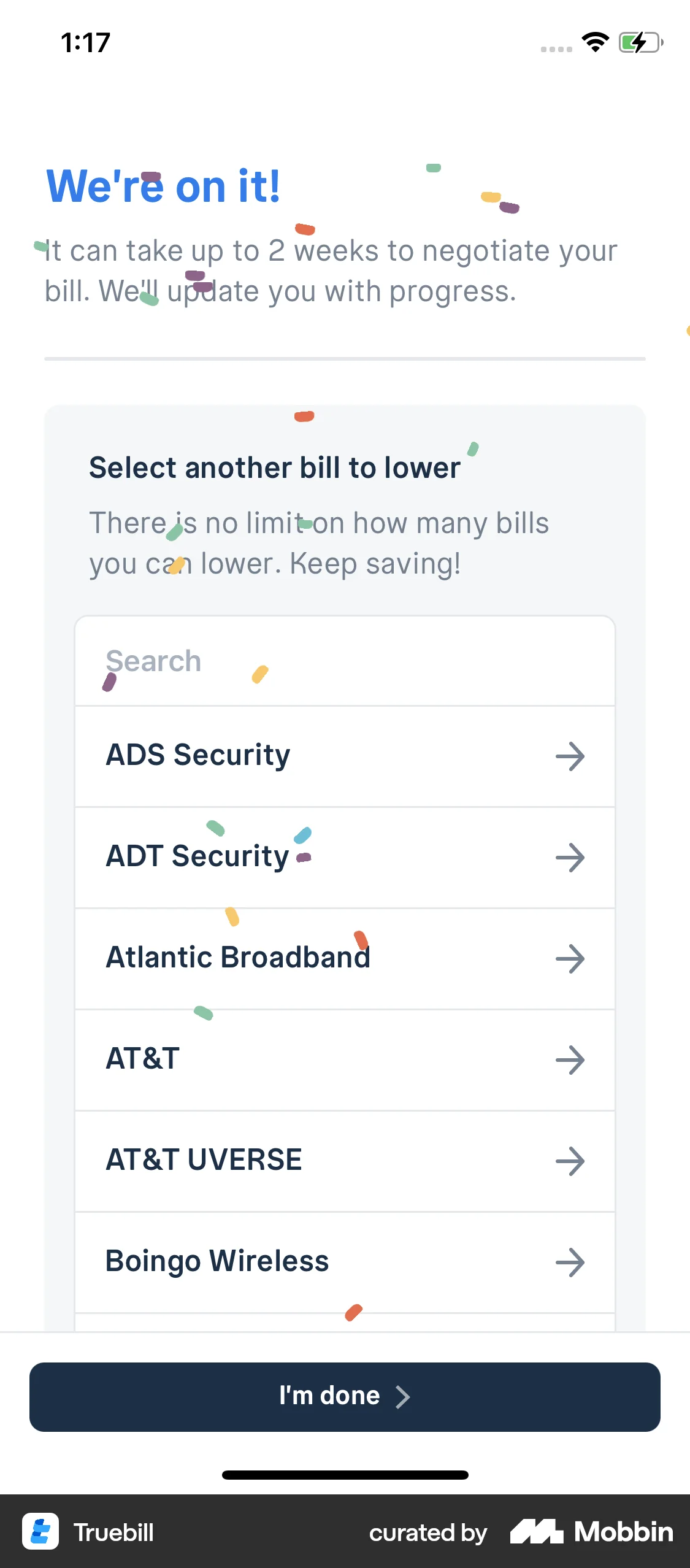 Truebill iOS Confetti screen