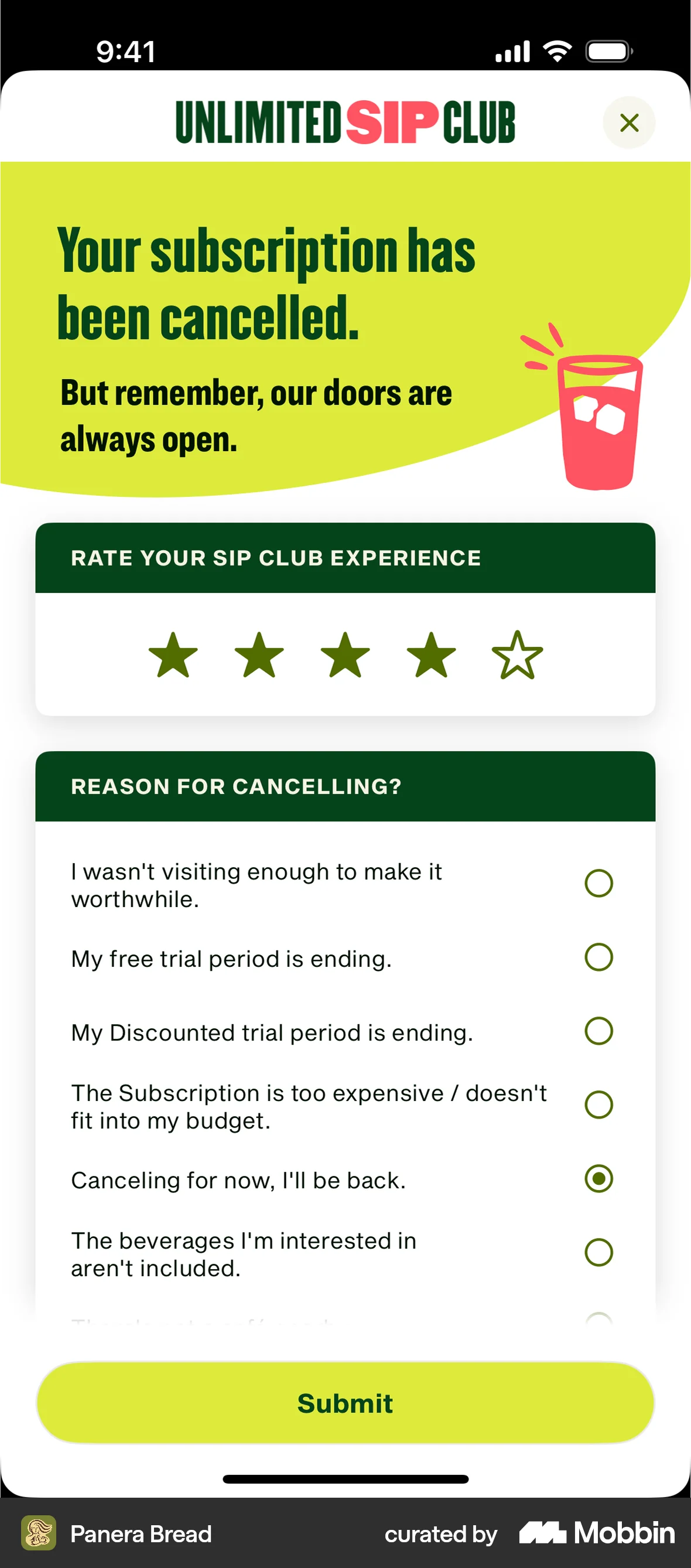Panera Bread iOS Feedback screen