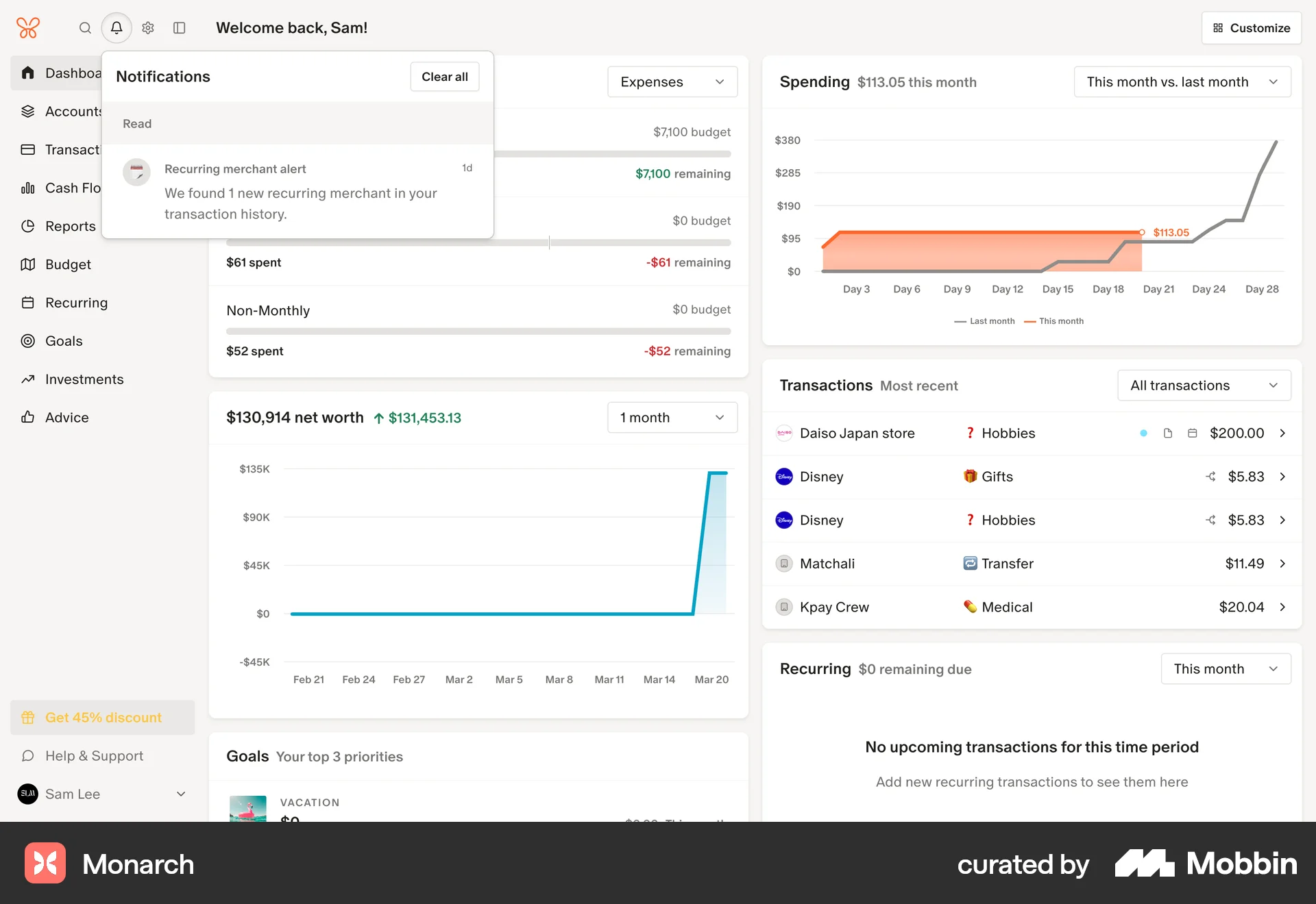 Monarch Web screen containing Popover UI element
