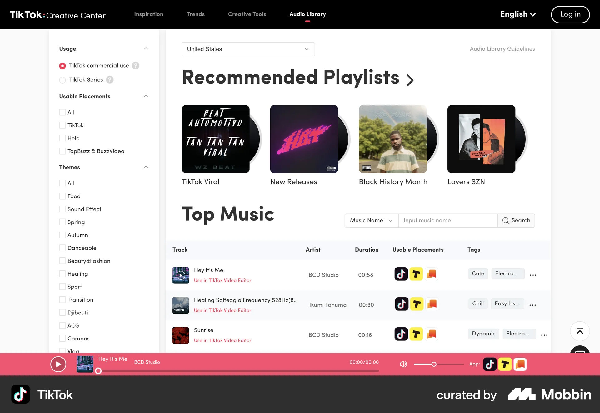 TikTok Web Audio Player screen