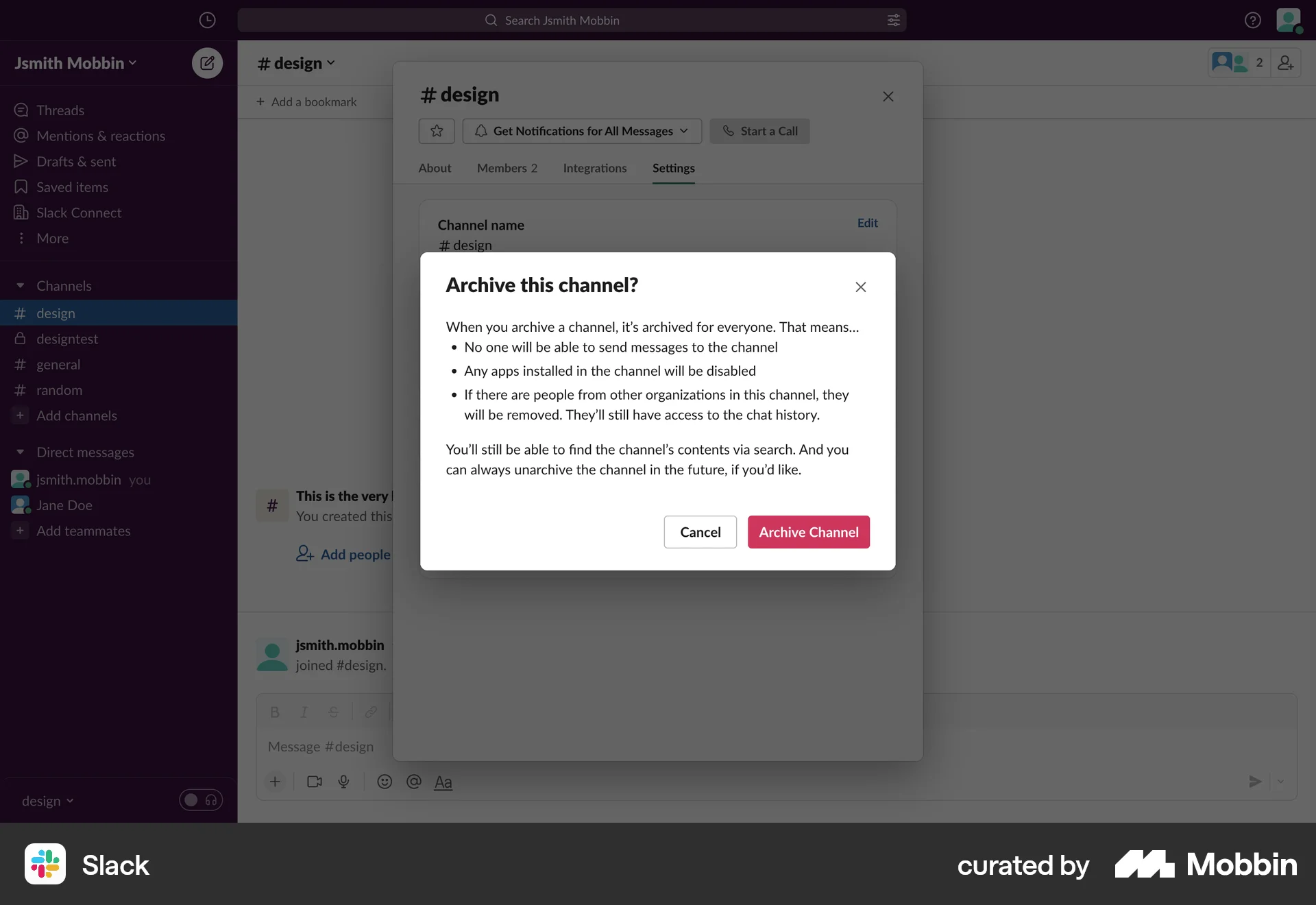 Slack Web Delete screen