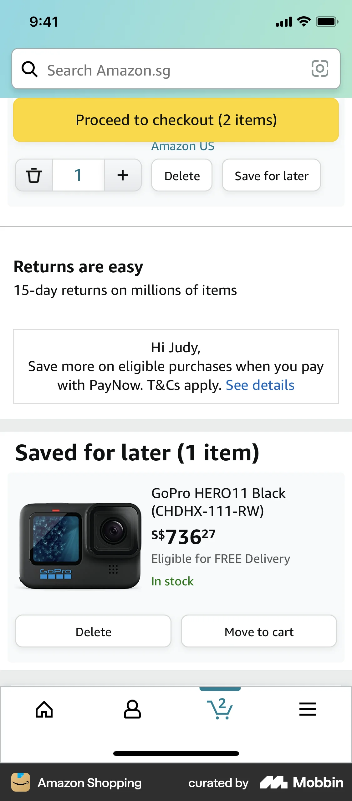 Amazon Shopping iOS Save screen