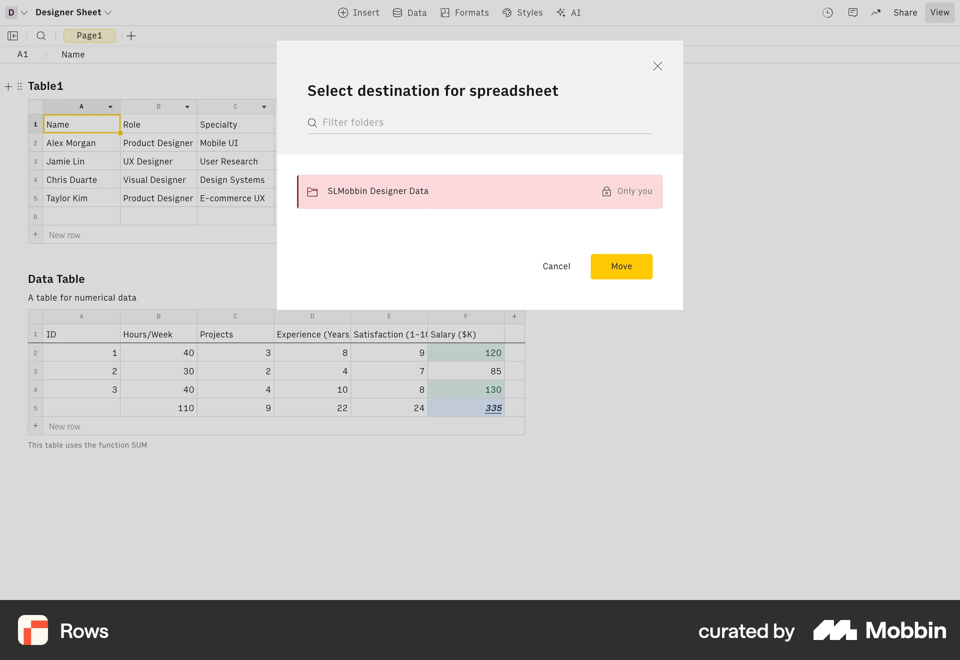 Rows Web Move screen