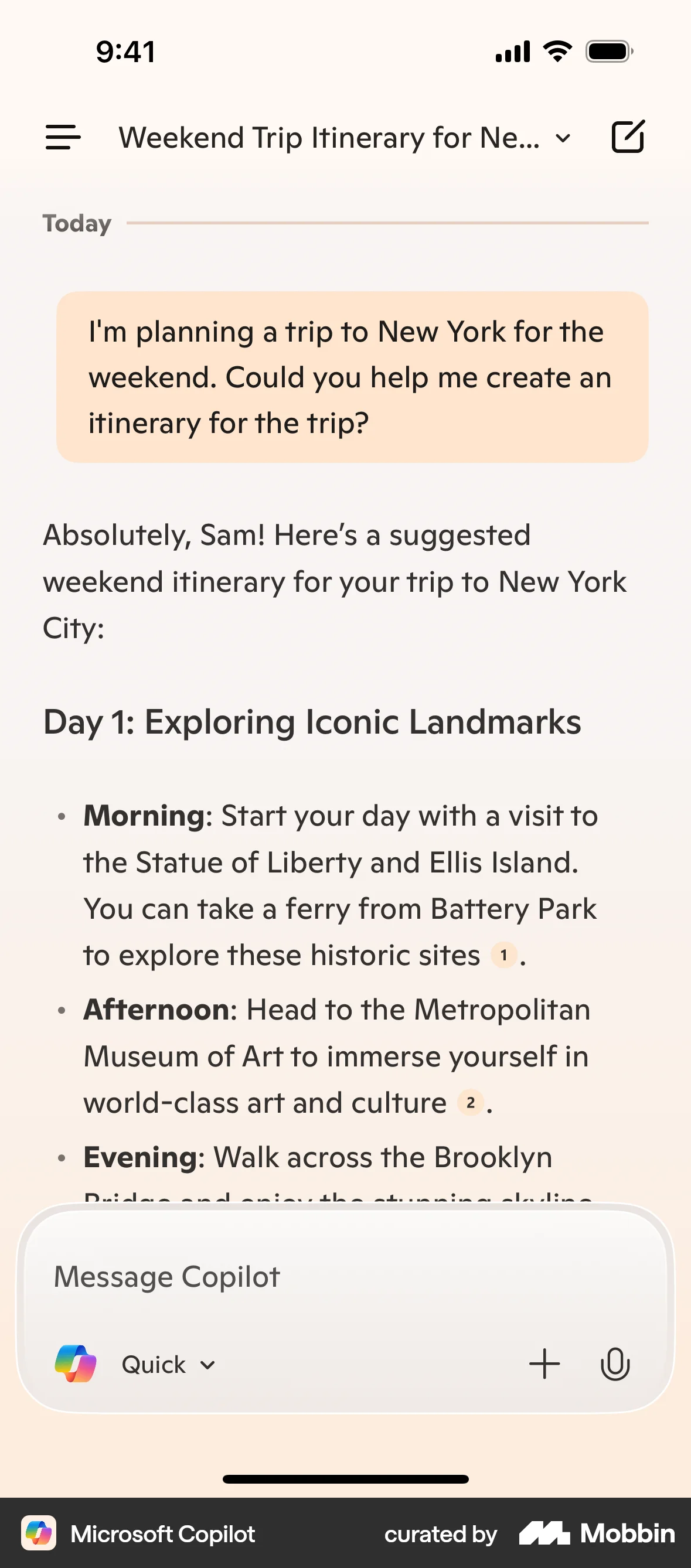 Microsoft Copilot iOS Chat Bot screen