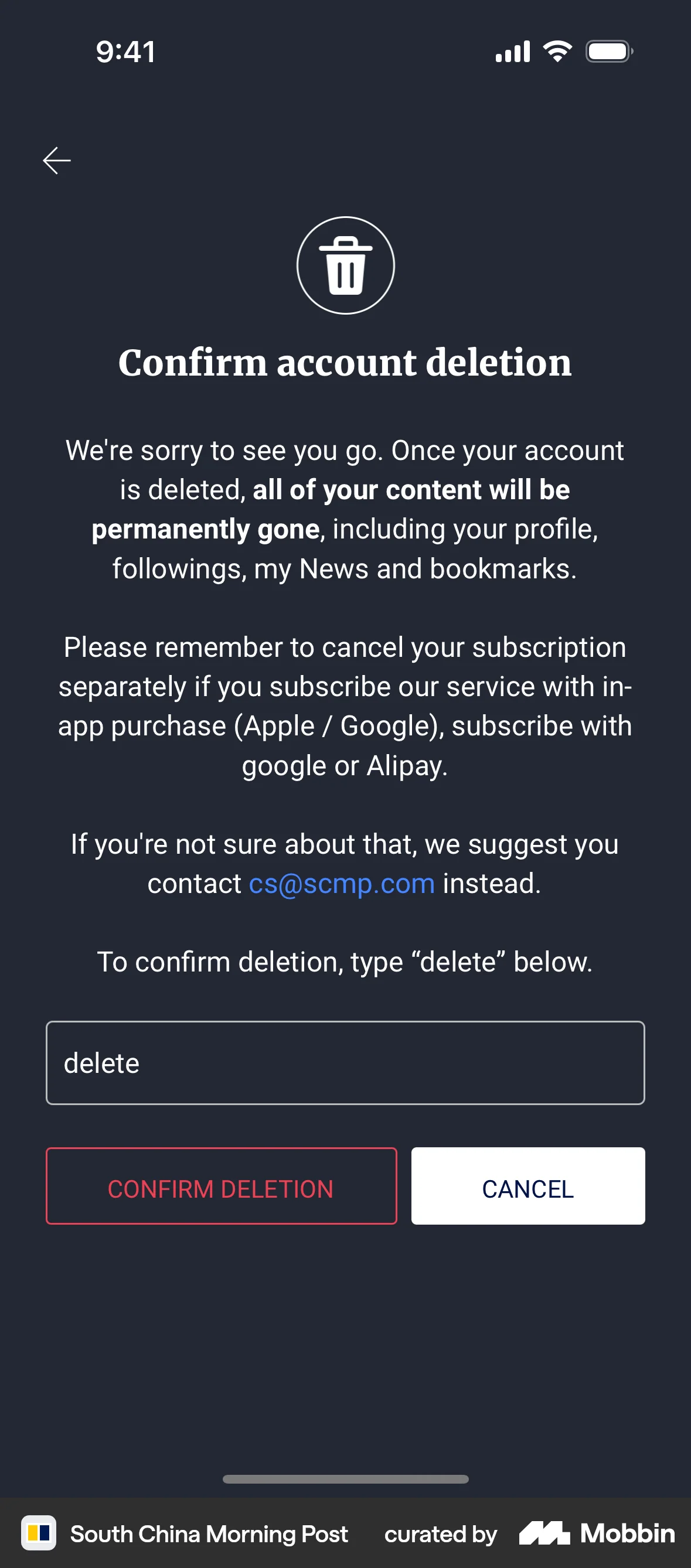 South China Morning Post iOS Delete & Deactivate Account screen
