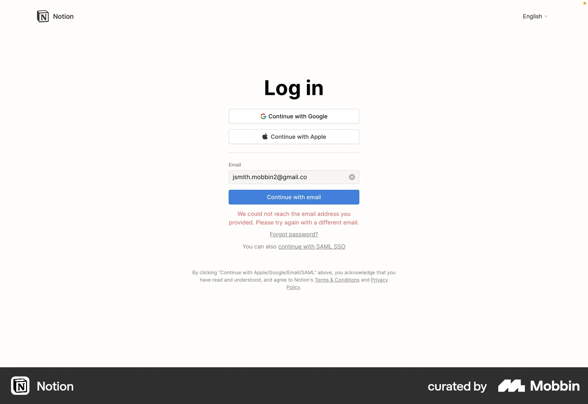 Notion Web Login screen