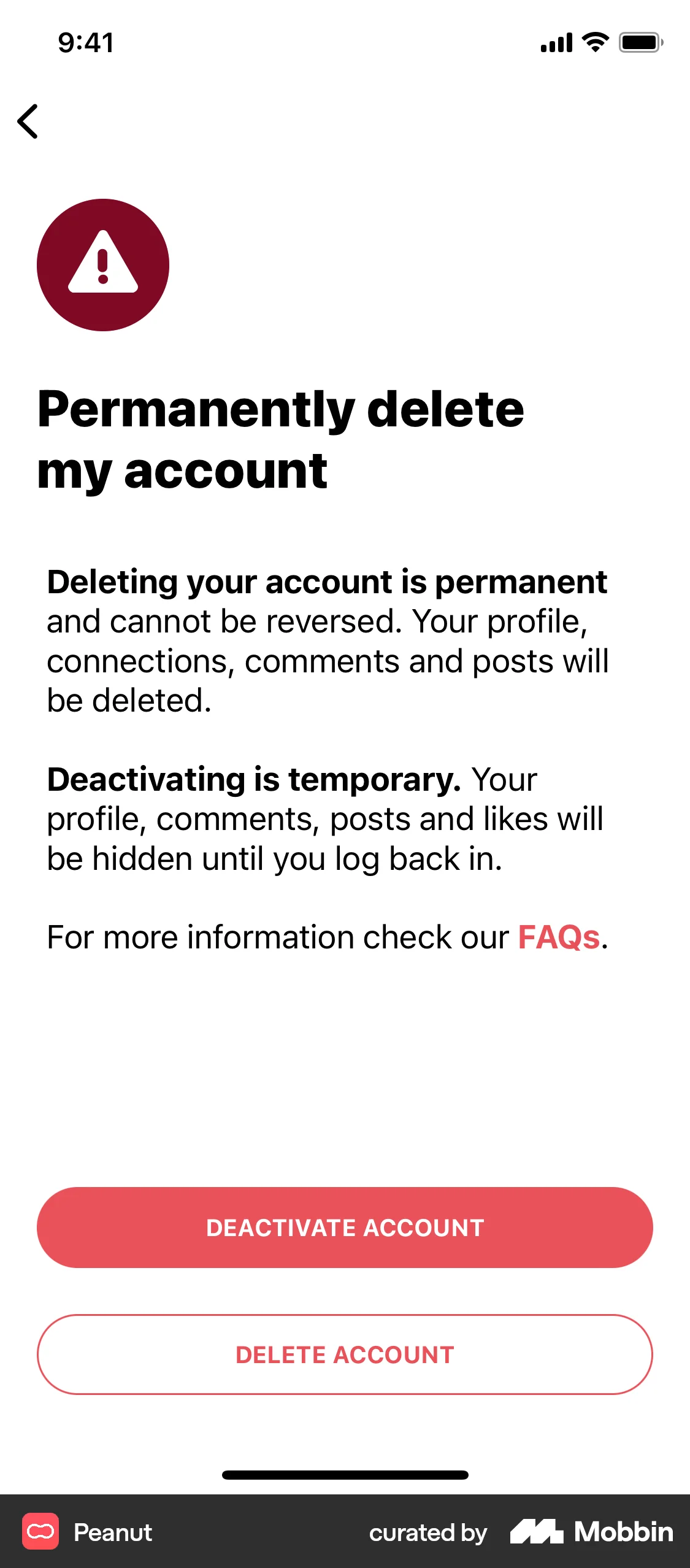 Peanut iOS Delete & Deactivate Account screen