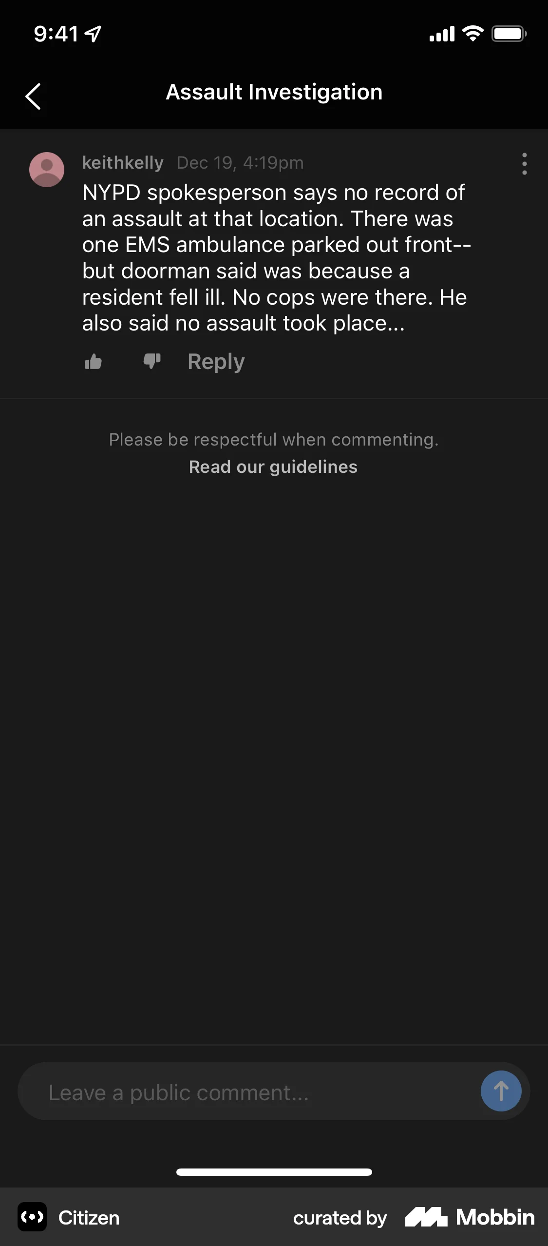Citizen iOS Comments screen