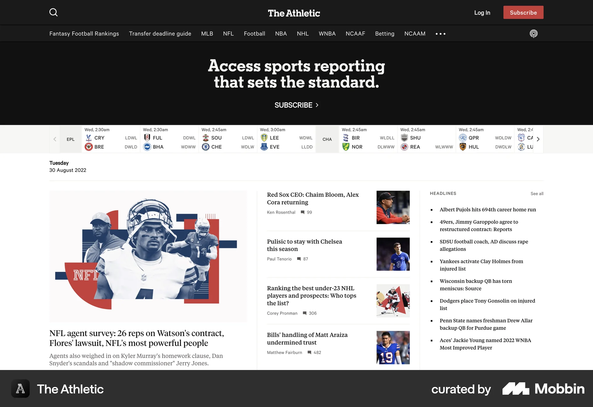 The Athletic Web News Feed screen