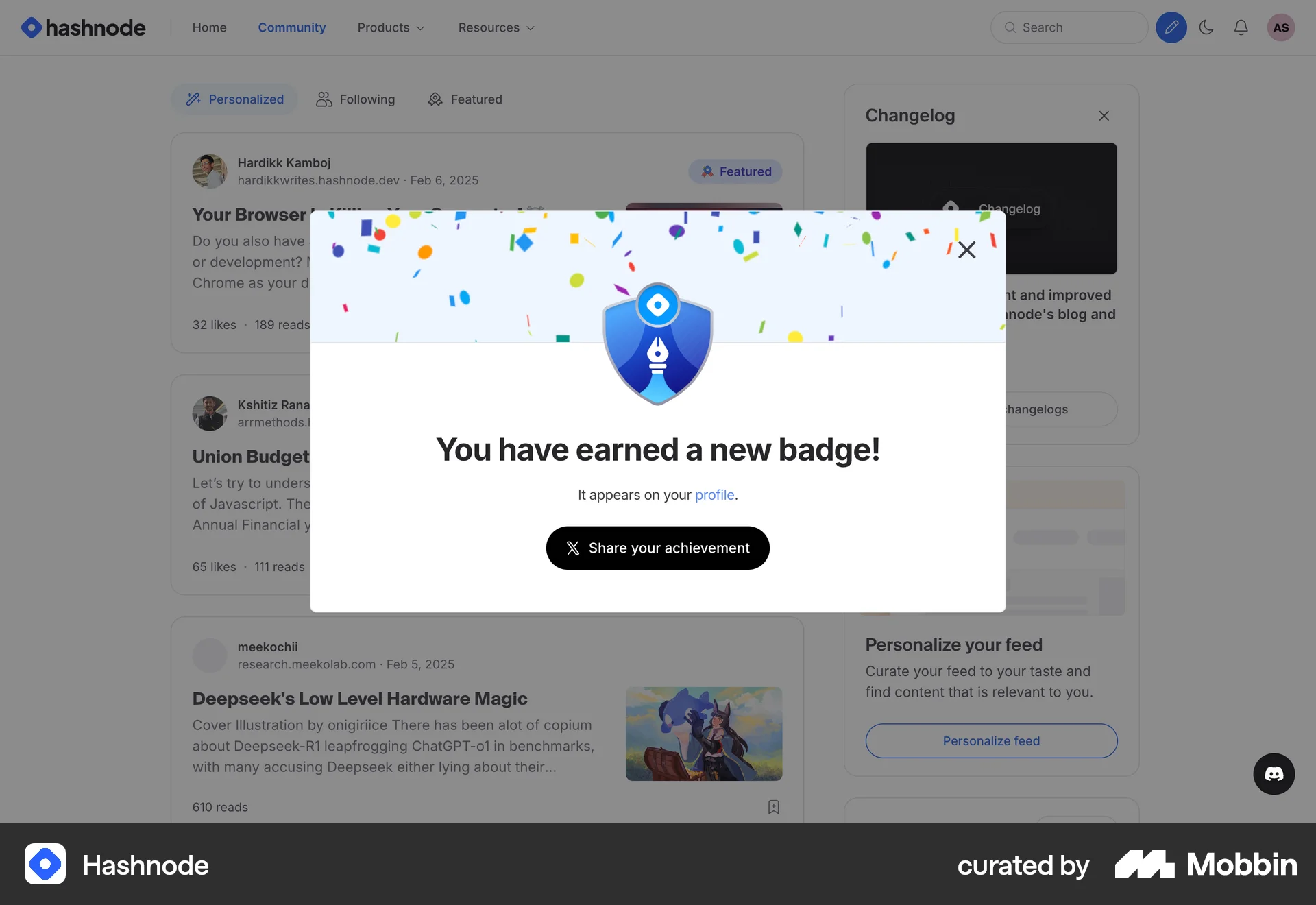 Hashnode Web Achievements & Awards screen