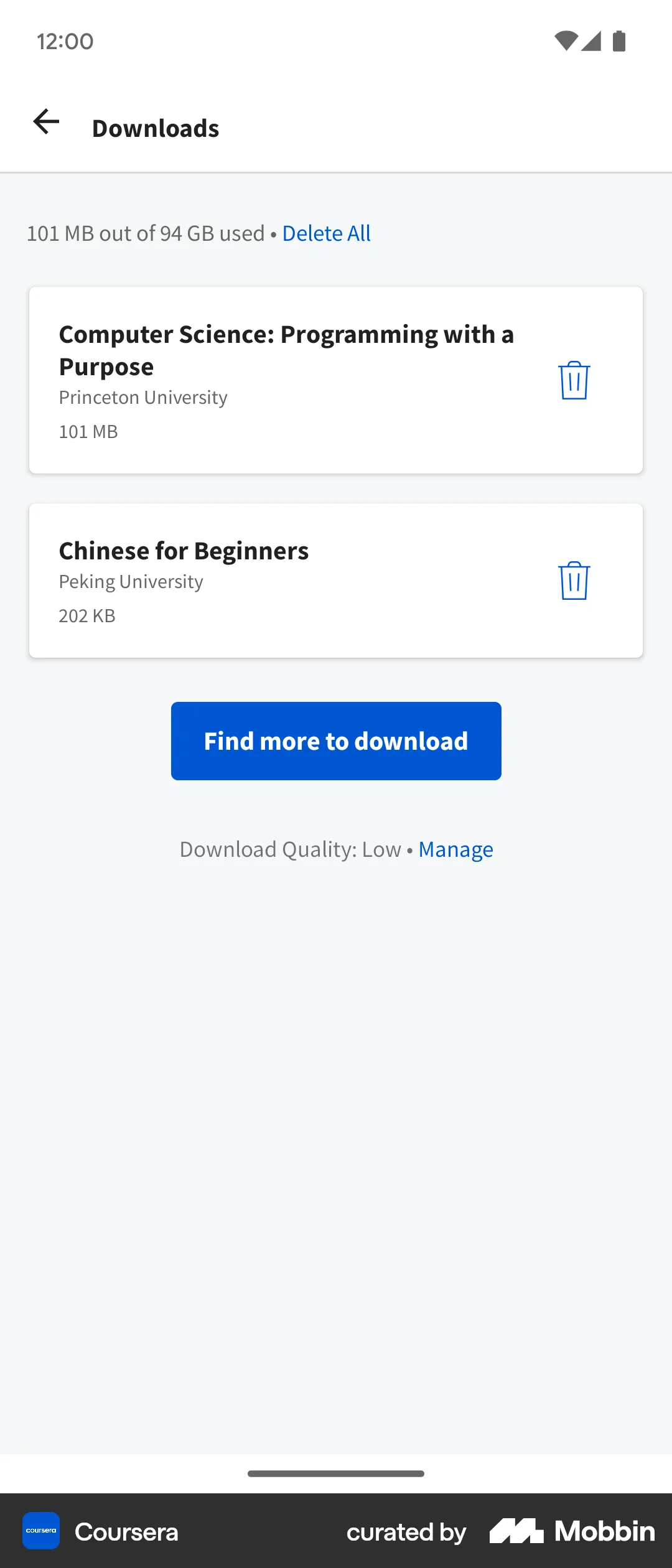 Coursera Android Downloads & Available Offline screen